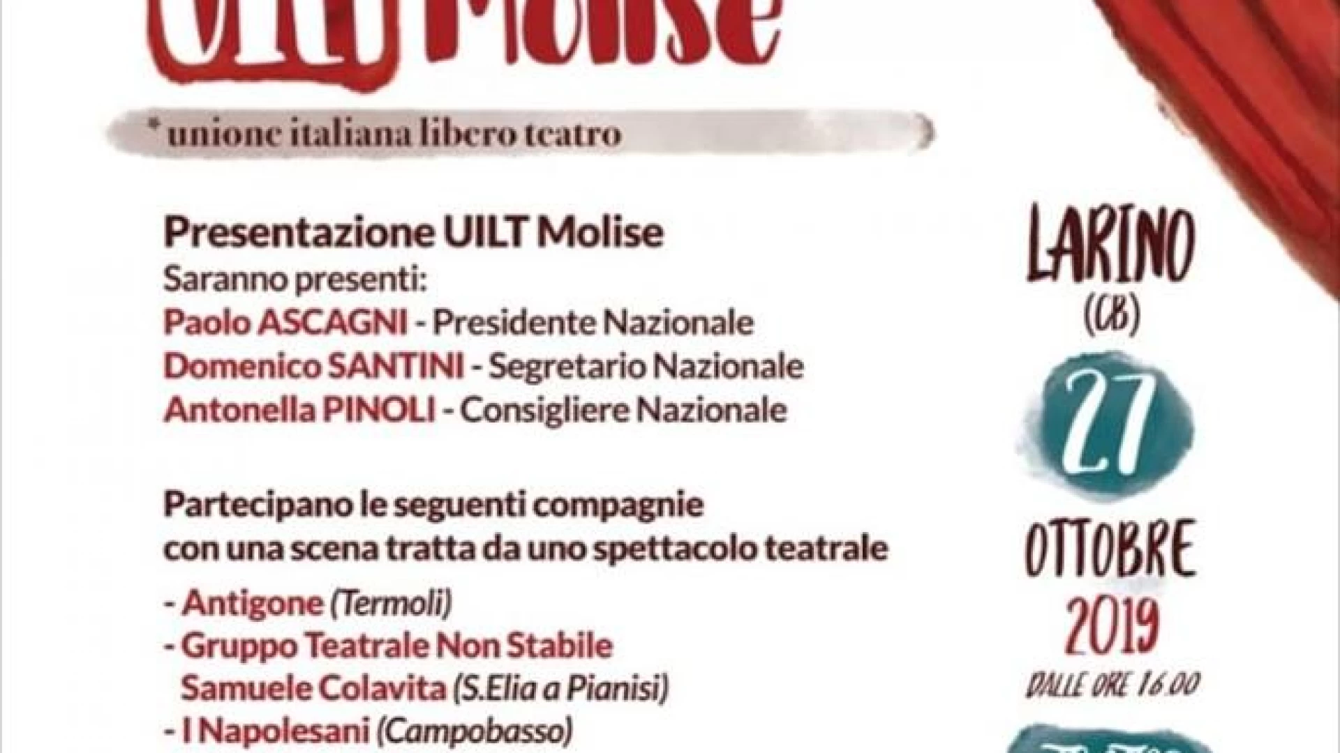 Vetrina Uilt Molise, domenica la presentazione della nuova associazione italiana del libero teatro a Larino.