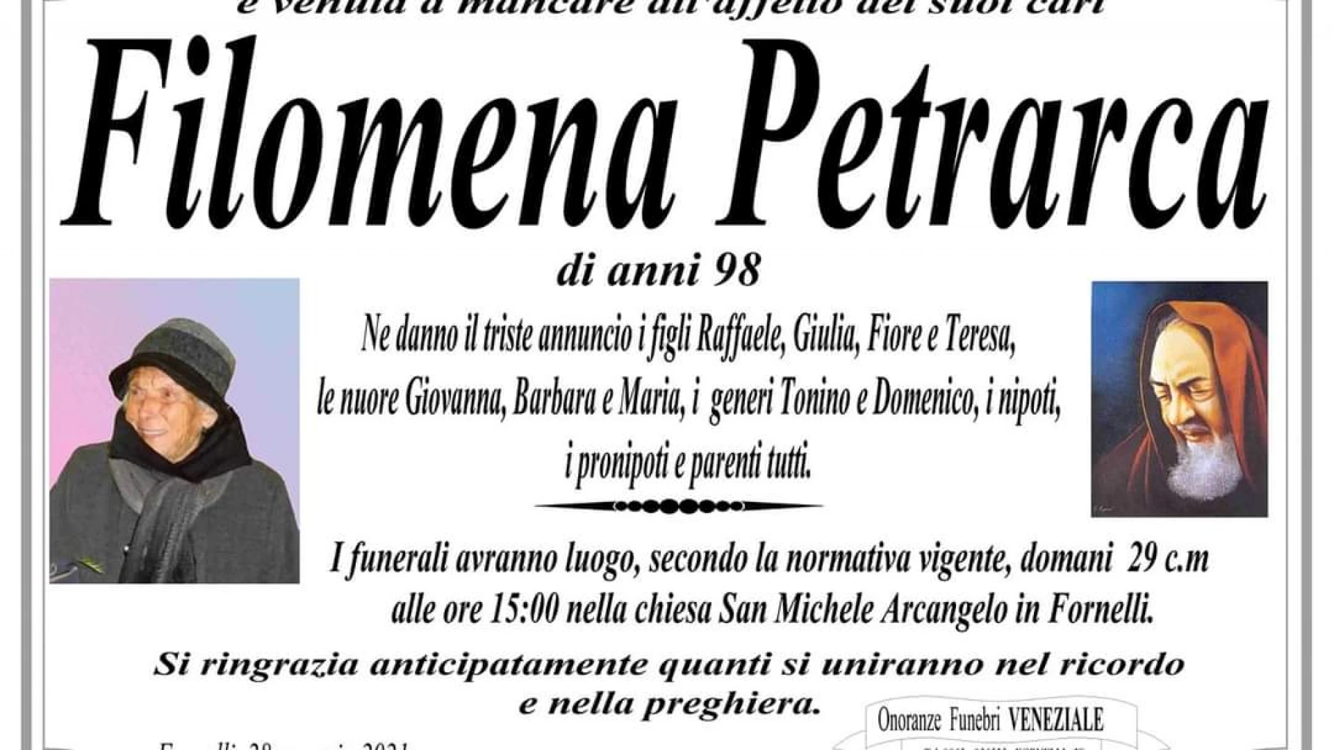 Fornelli: lutto in paese. E’ scomparsa la signora Filomena Petrarca, l’ultima dei figli del Martire Michele Petrarca.