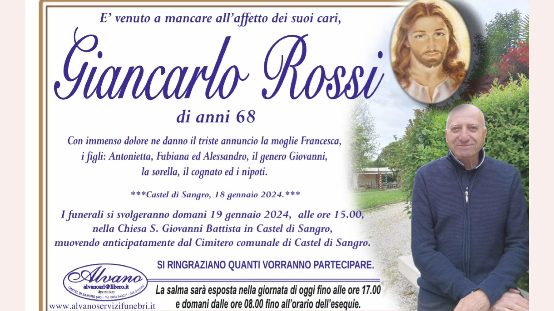 Castel Di Sangro: domani le esequie del compianto Giancarlo Rossi deceduto domenica dopo l'incidente stradale sulla Fondovalle Sangro.