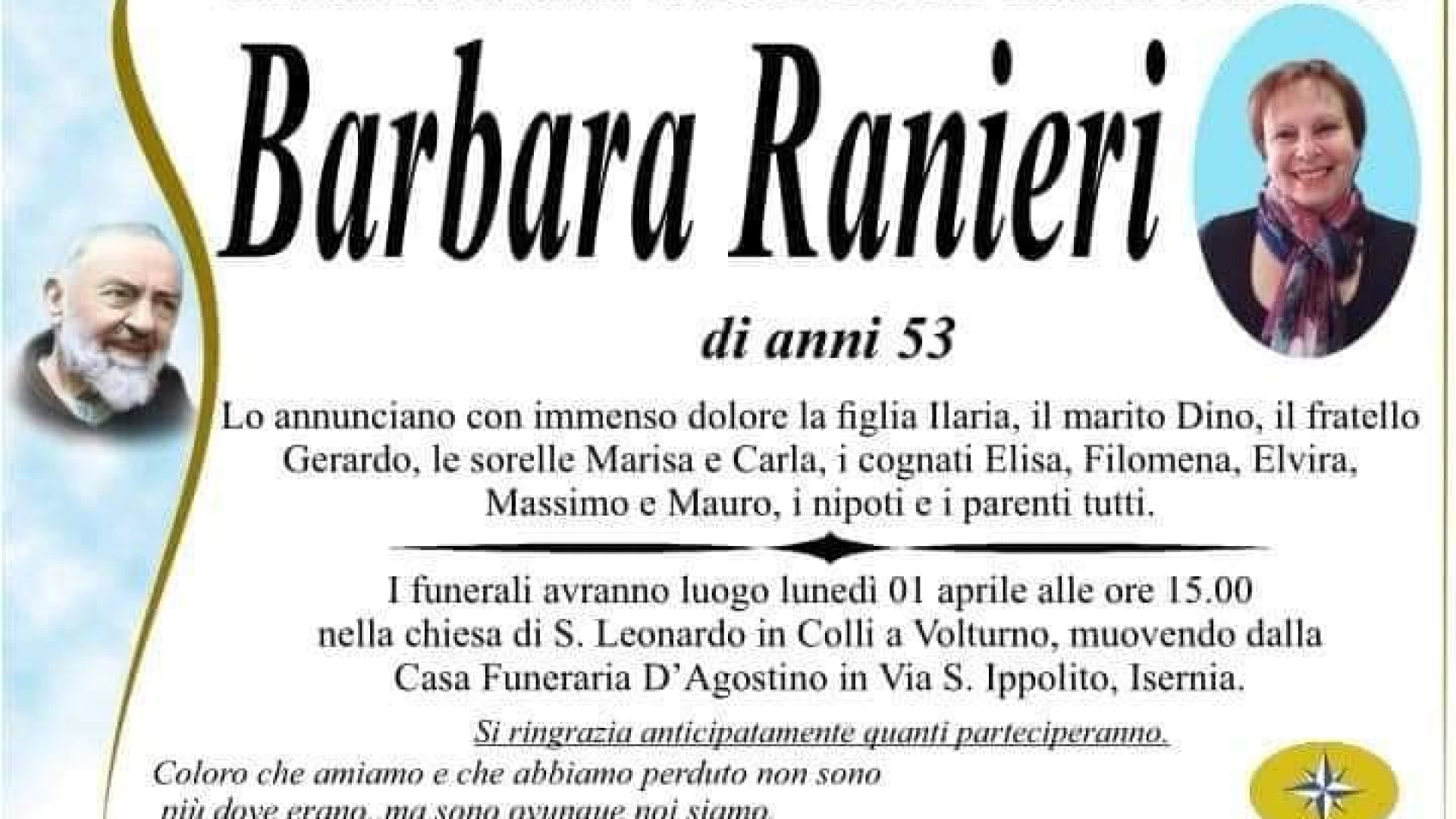 Colli a Volturno: lunedì 1 aprile i funerali di Barbara Ranieri.
