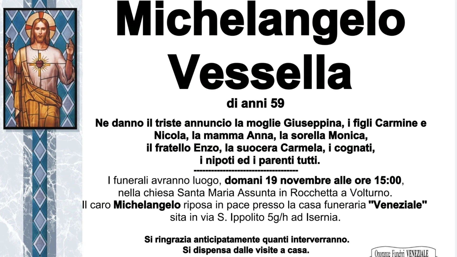 Necrologio: lutto per la scomparsa del caro Michelangelo Vessella a Rocchetta a Volturno.