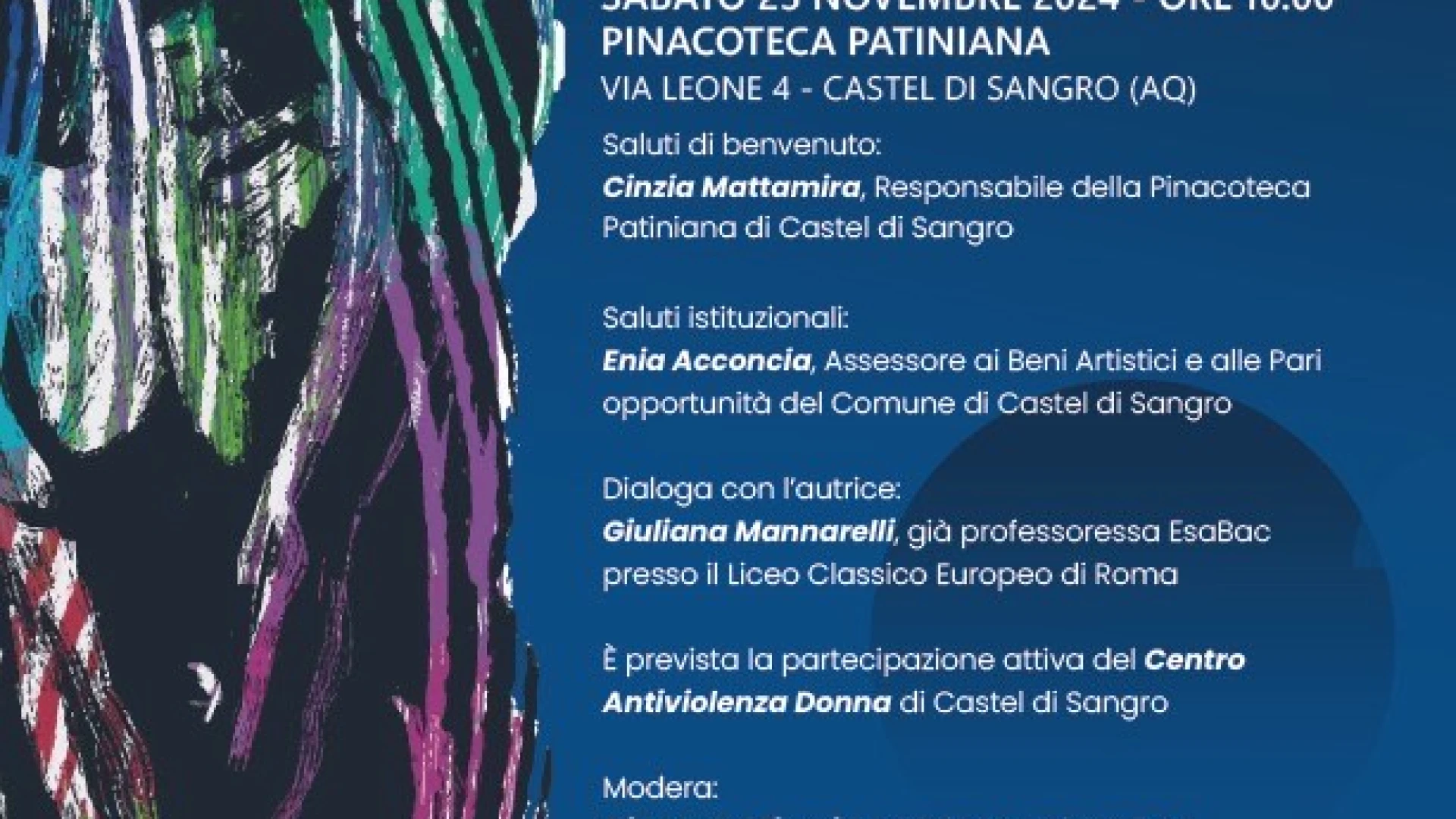 Castel Di Sangro: sabato 23 novembre presso la Pinacoteca Patiniana Slobodanka Ciric presenta il suo libro dal titolo "E mi chiedi".