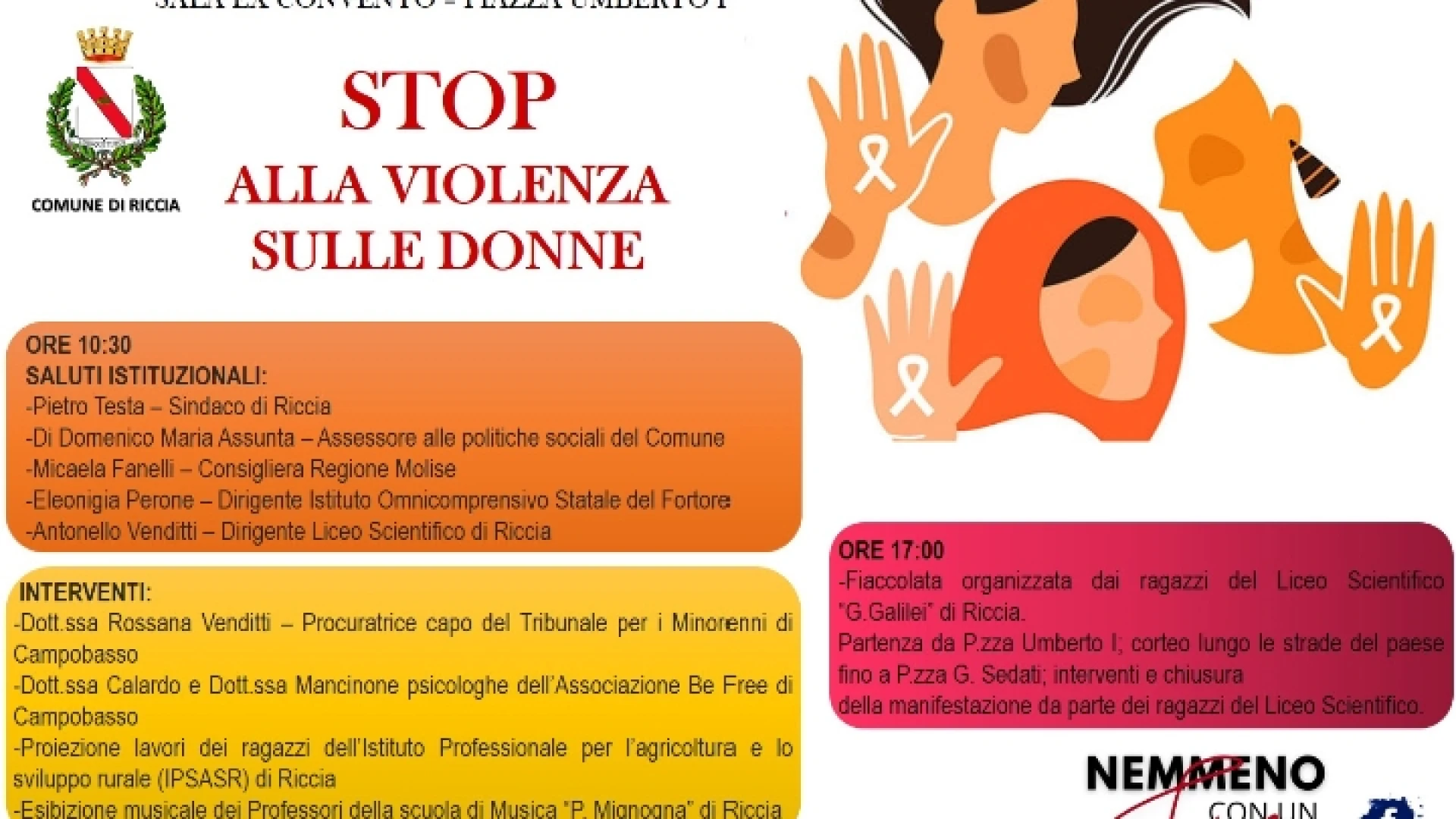 Riccia: evento promosso dall'Amministrazione comunale in occasione della Giornata Internazionale contro la violenza sulle donne