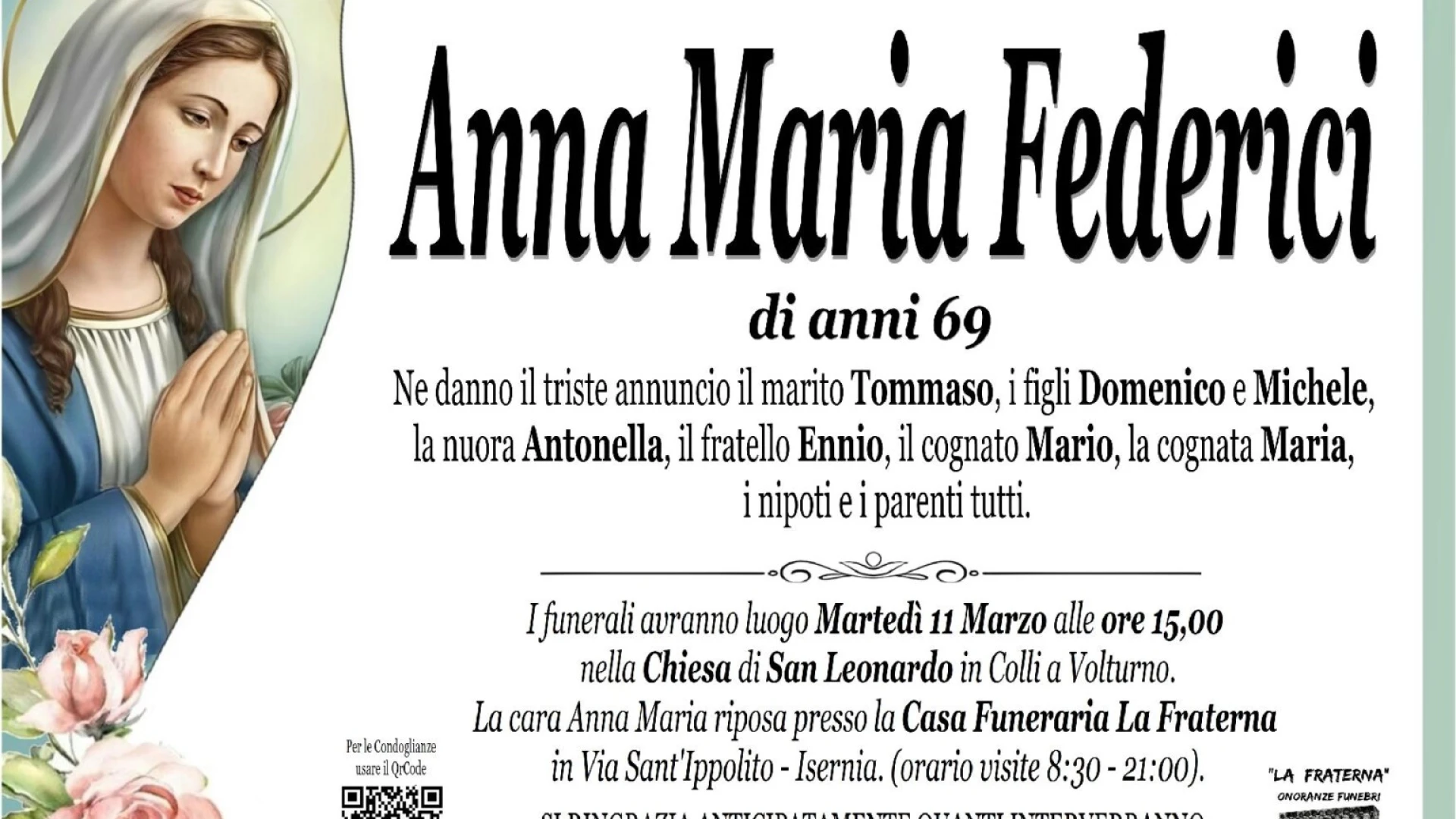 Colli a Volturno: Il Cordoglio della nostra redazione per l'improvvisa scomparsa di Anna Maria Federici.