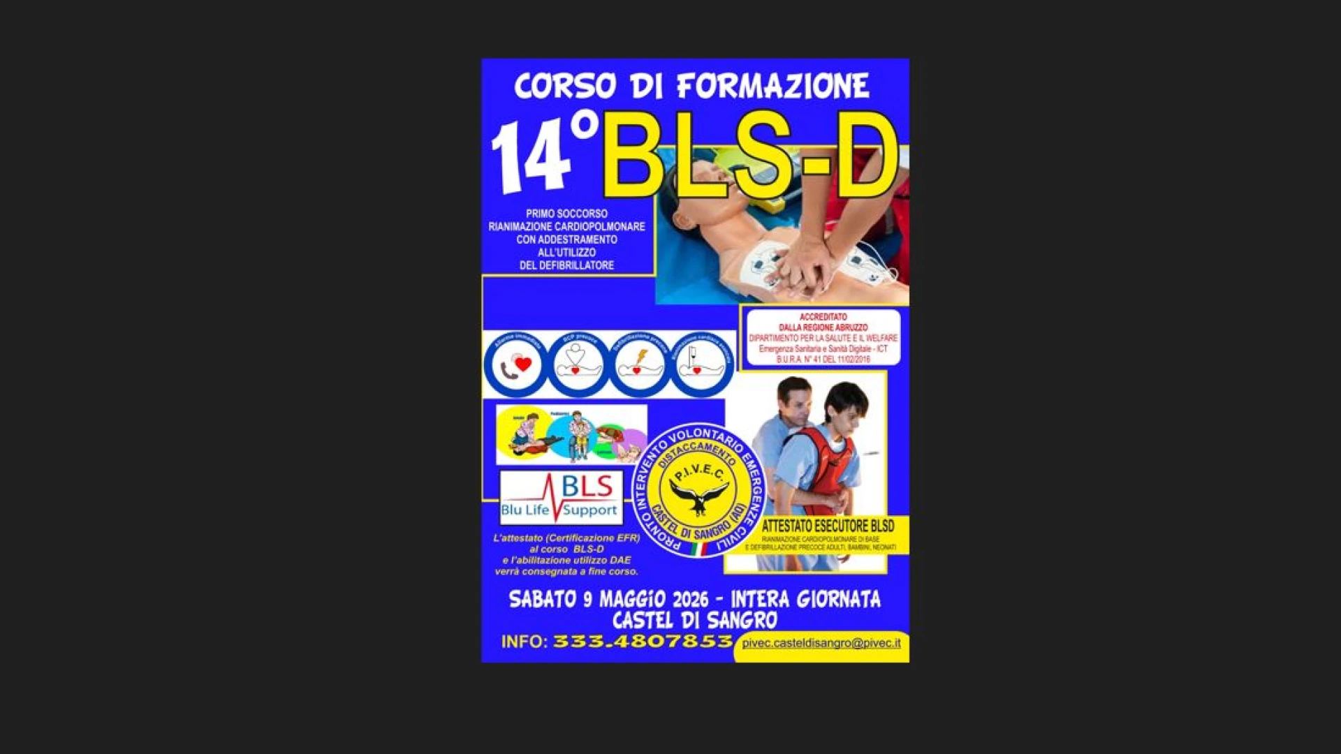 Castel Di Sangro: il distaccamento PIVEC propone la quattordicesima edizione del corso di formazione BLSD. Al via le prenotazioni