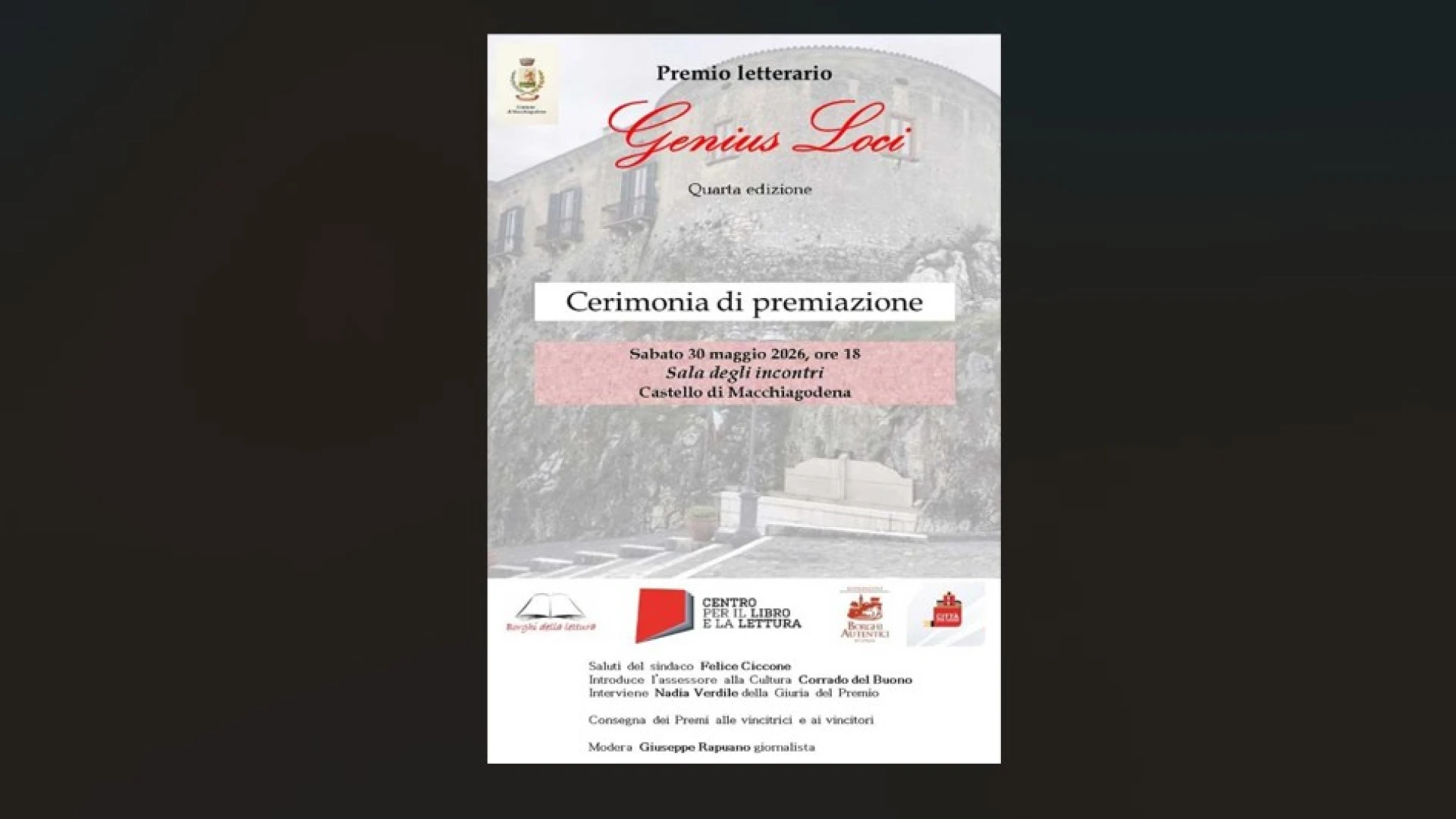 Macchiagodena: sabato 30 maggio le premiazioni del concorso letterario “GENIUS LOCI”. Appuntamento al castello baronale.