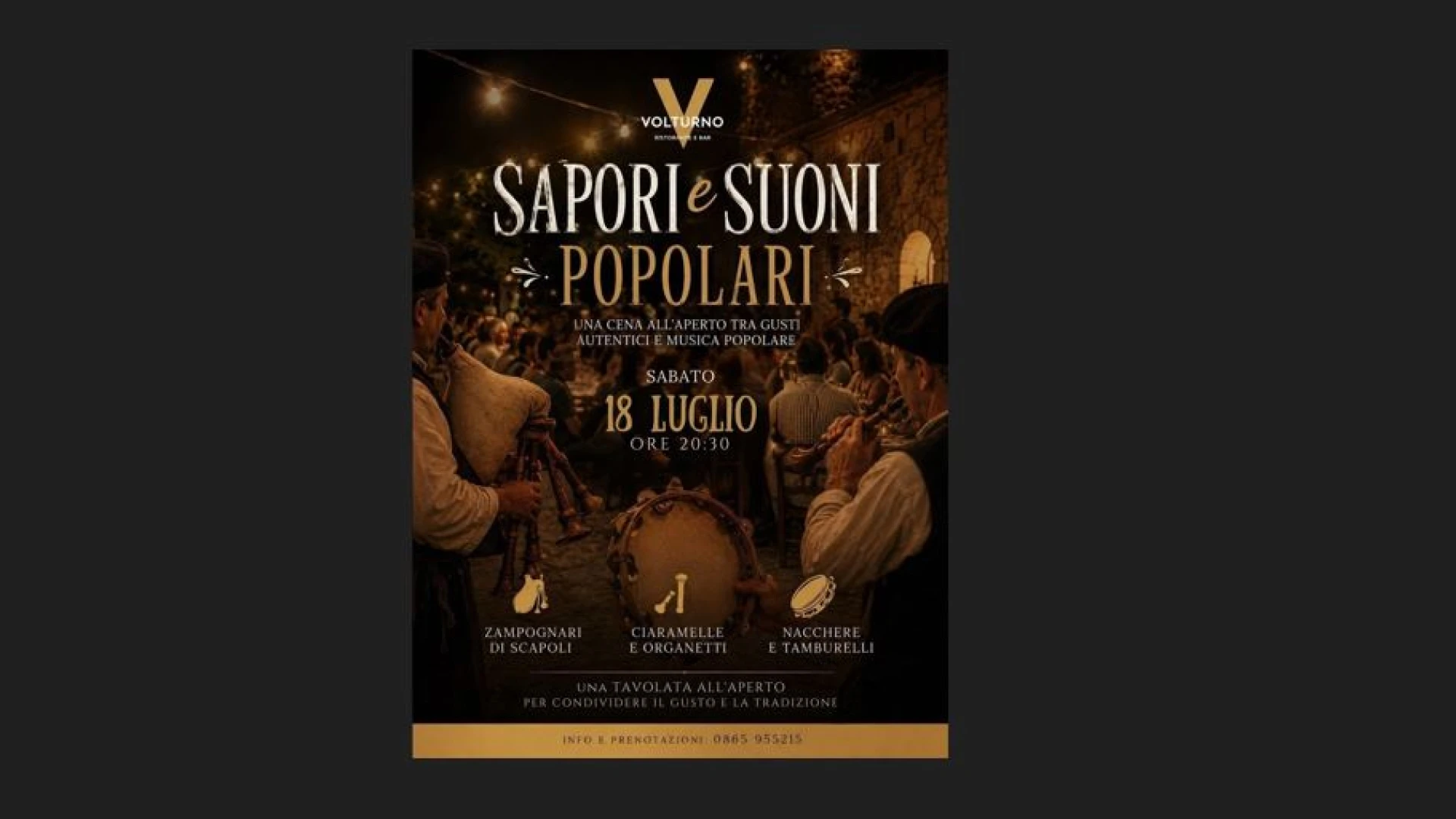 Colli a Volturno: sabato 18 luglio l’evento “Sapori e suono Popolari”. Una tavolata all’aperto per condividere il gusto e la tradizione.