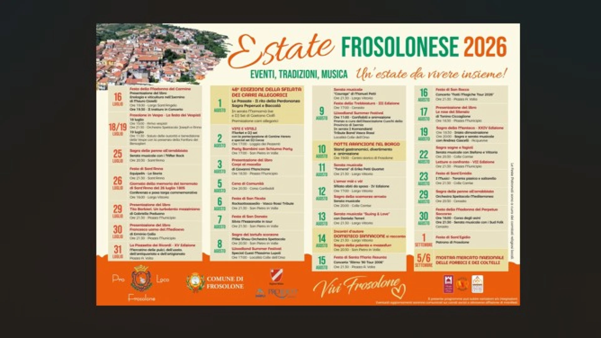 Estate Frosolonese 2026, agosto si accende tra tradizione, cultura, territorio e musica.