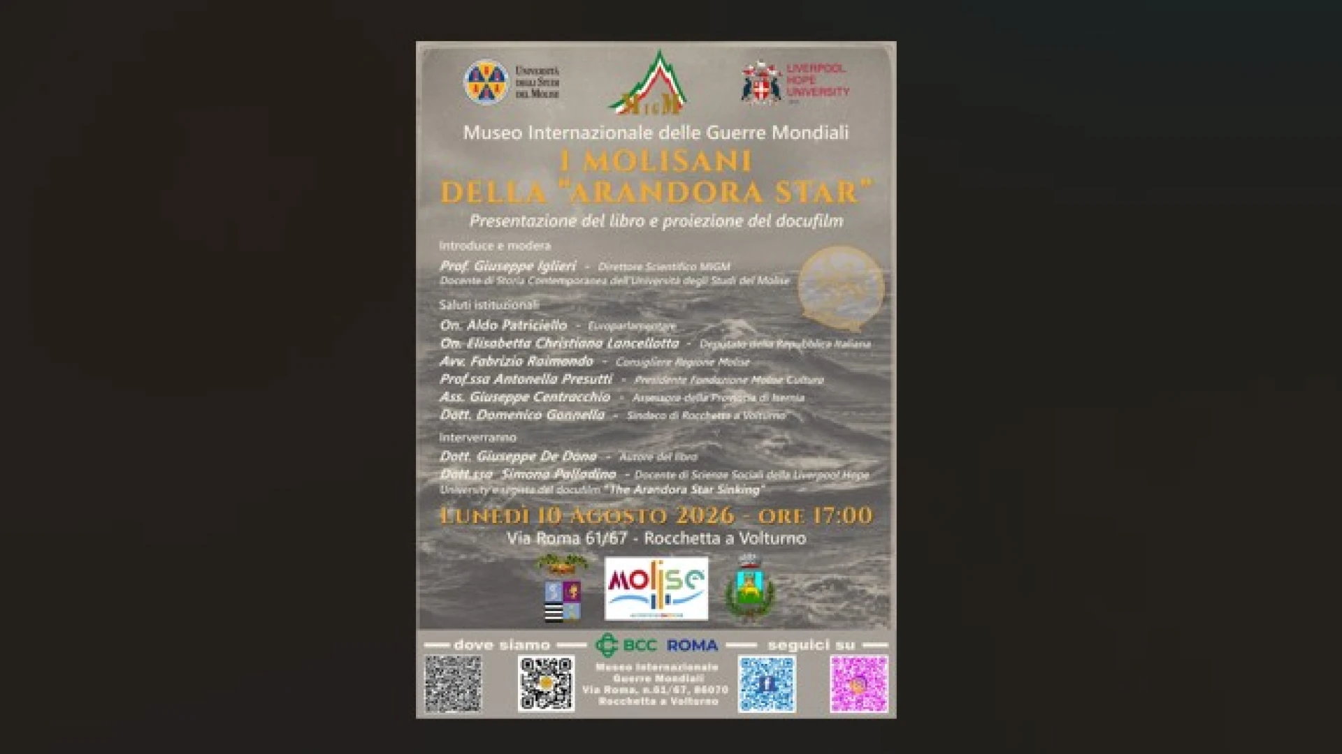 Museo Internazionale delle Guerre Mondiali: il 10 agosto a Rocchetta a Volturno l'evento commemorativo e l'inaugurazione del nuovo spazio espositivo "I Molisani della 'Arandora Star'"