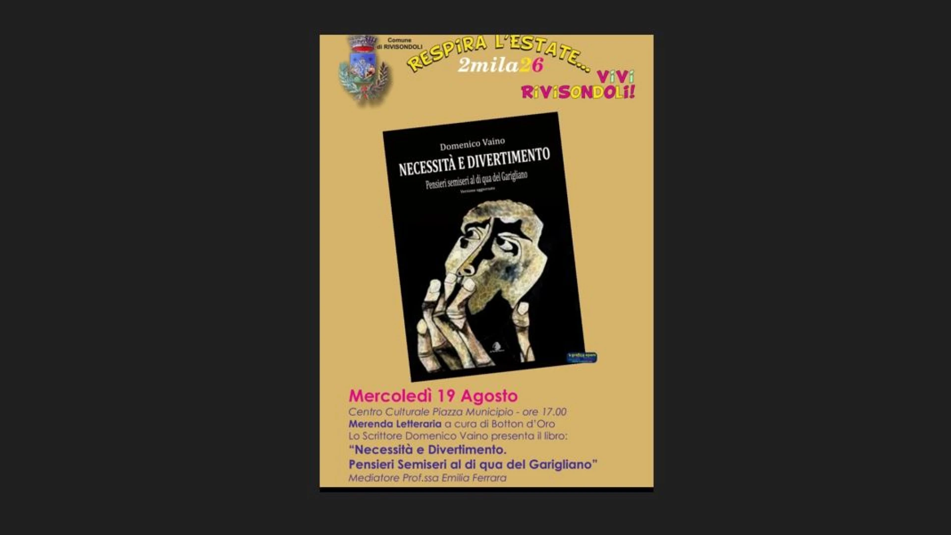 Rivisondoli: si presenta il volume dello scrittore Domenico Vaino. Appuntamento mercoledì 19 agosto alle ore 17.