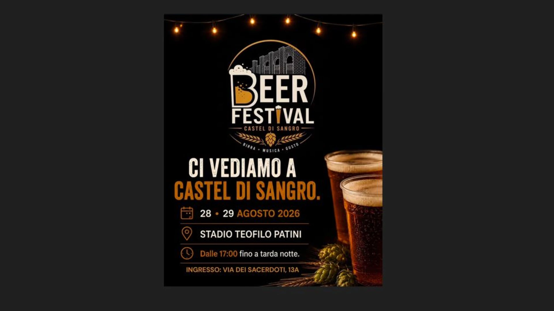 Castel Di Sangro: il 28 e 29 imperdibile prima edizione del “BEER FESTIVAL”. L’Evento si svolgerà presso lo stadio Teofilo Patini.
