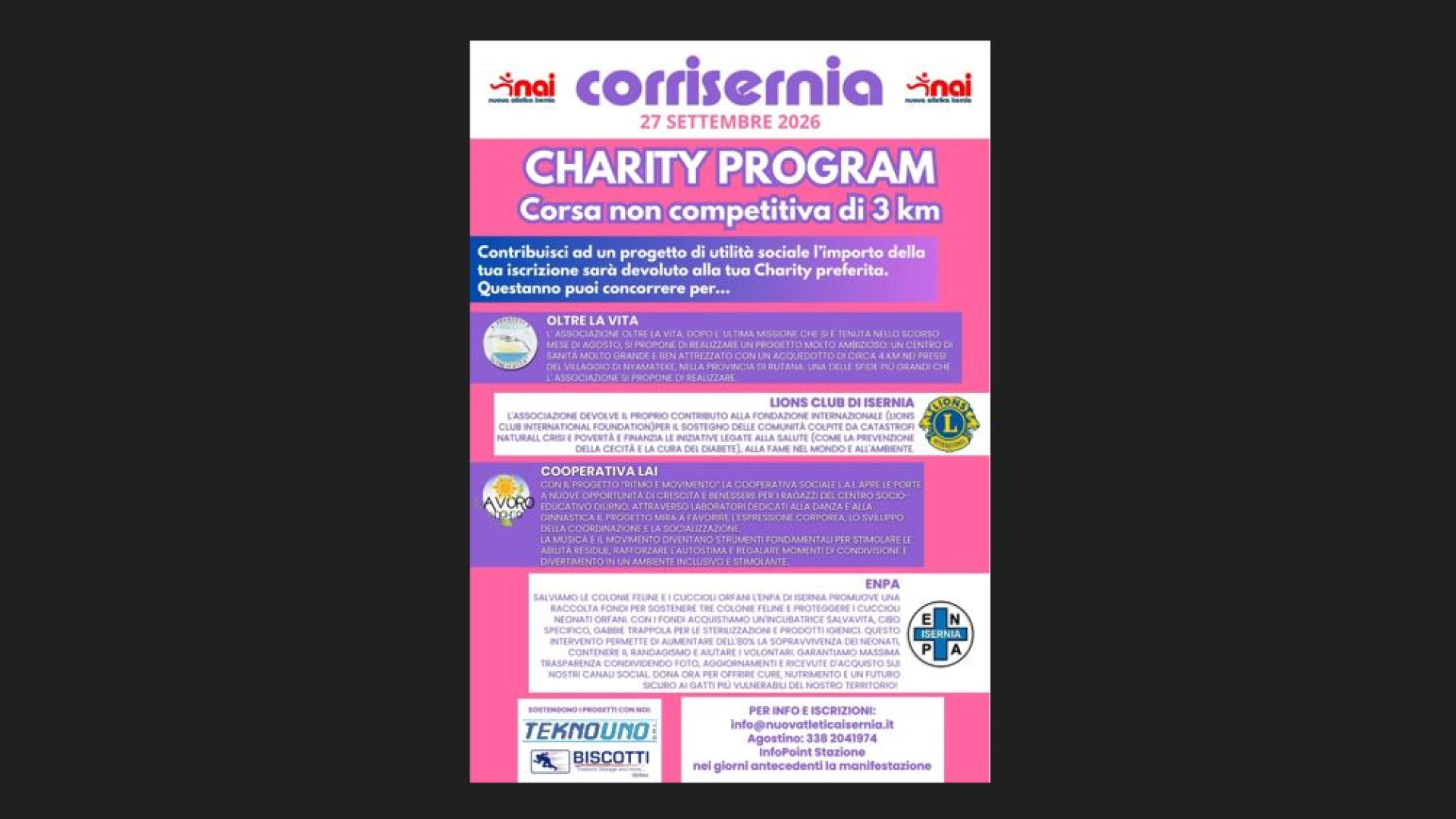 Corrisernia edizione 2026: pronto il Charity Program. L’Enpa entra nel programma solidale.