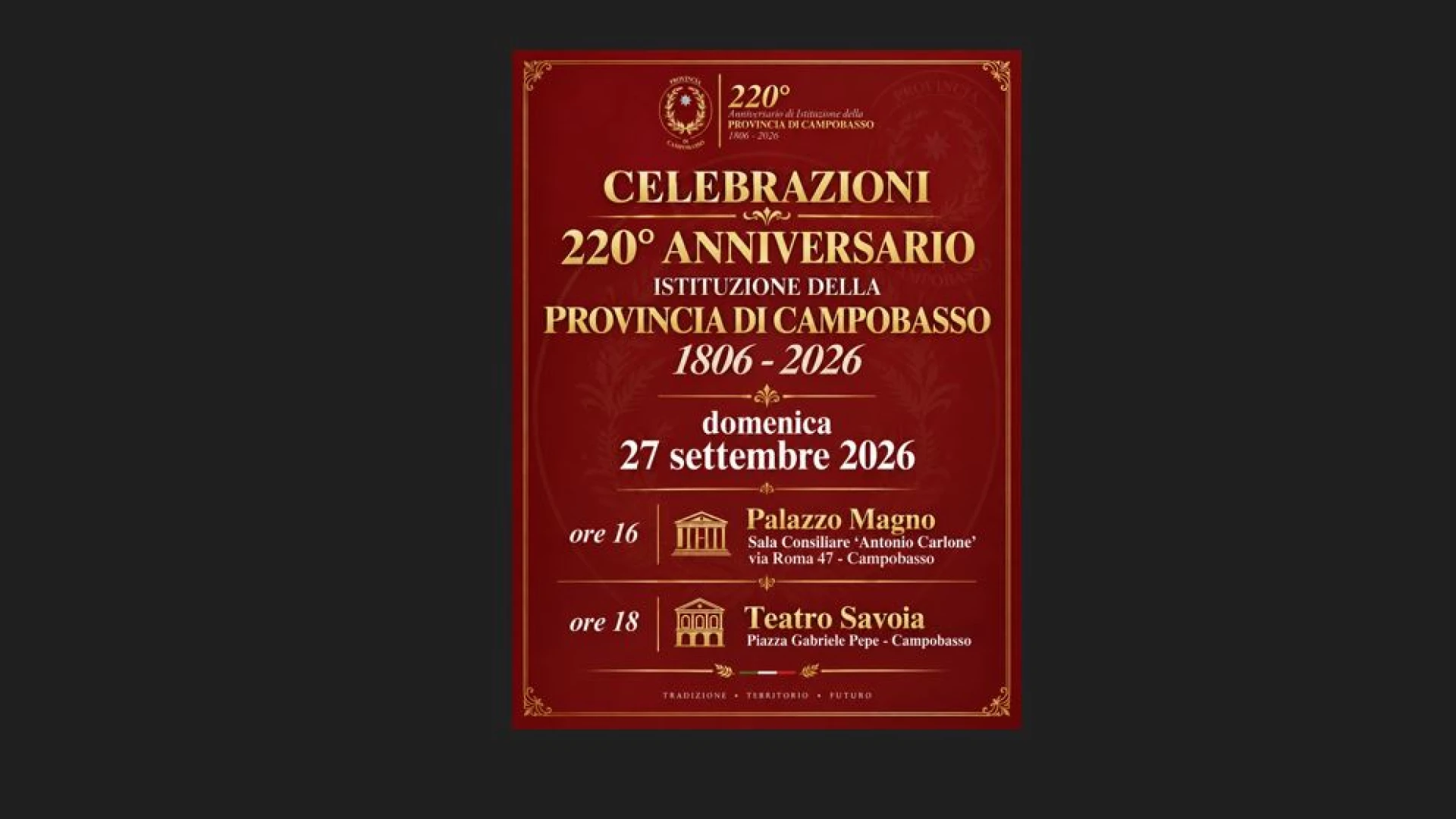 Provincia di Campobasso, domenica 27 settembre le celebrazioni per il 220àesimo anniversario.