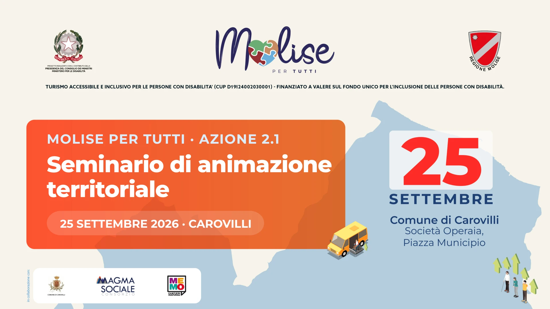 “Molise per Tutti” fa tappa a Carovilli: il 25 settembre seminario sul turismo accessibile e visita guidata nel cuore del borgo