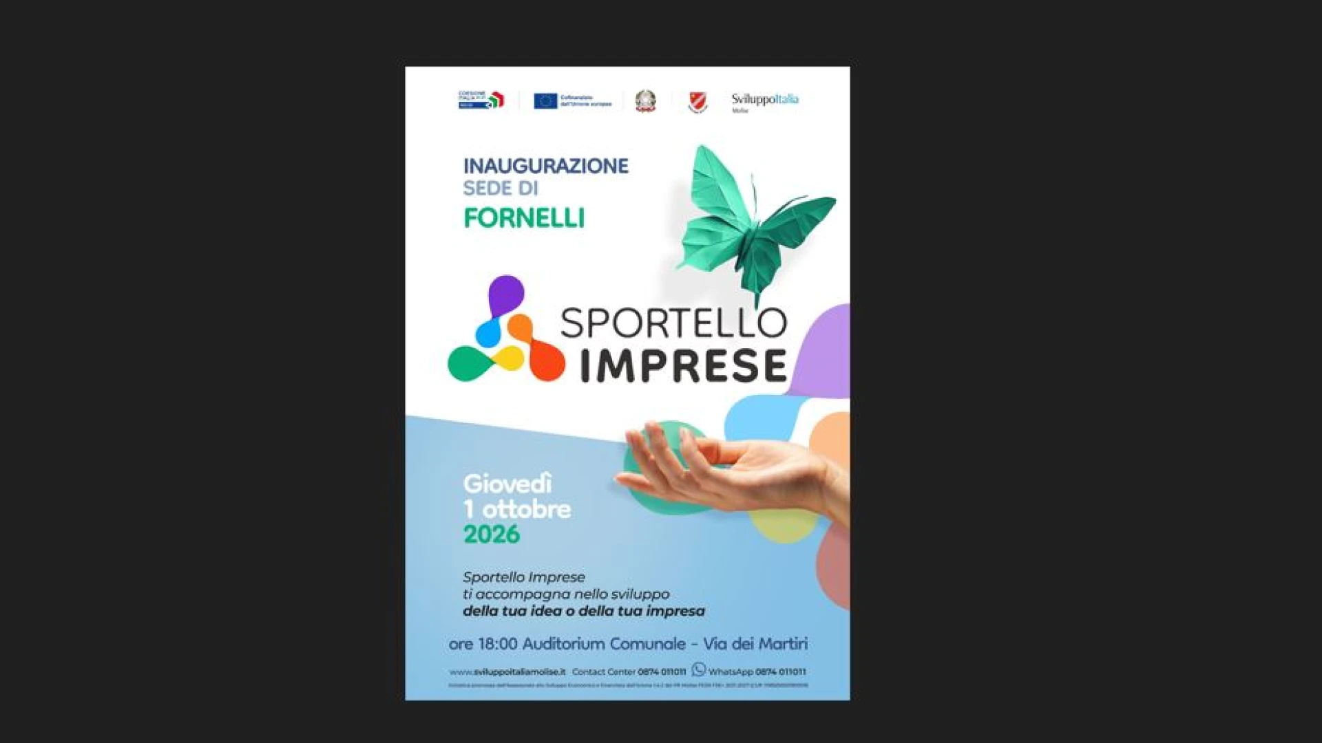 Fornelli centro nevralgico dello sviluppo economico: giovedi’ 1 ottobre verrà inaugurato lo "Sportello Imprese", storico traguardo per l'Amministrazione Comunale