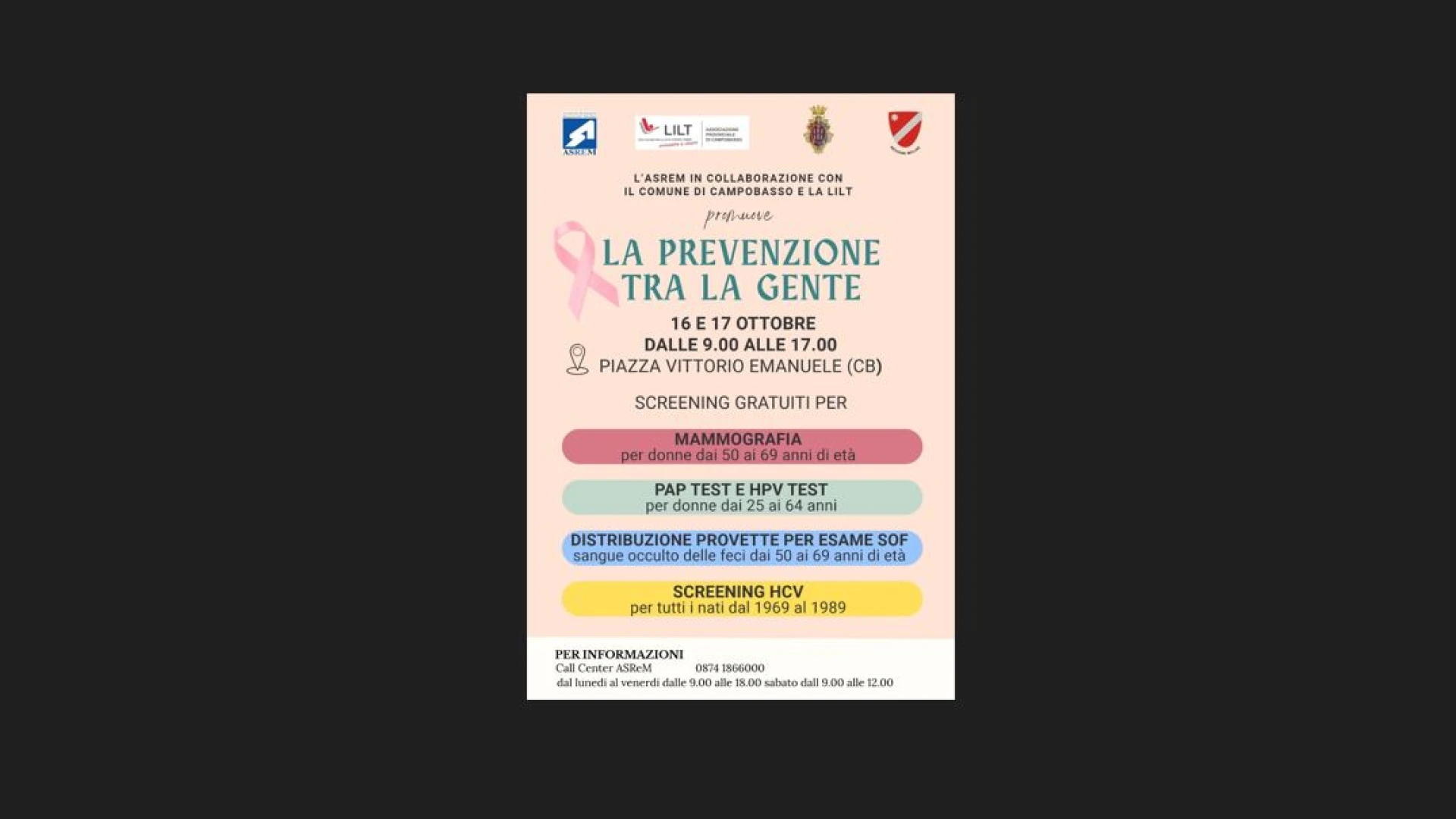 Campobasso: “La Prevenzione tra la Gente”. Due giornate di screening gratuiti in città.