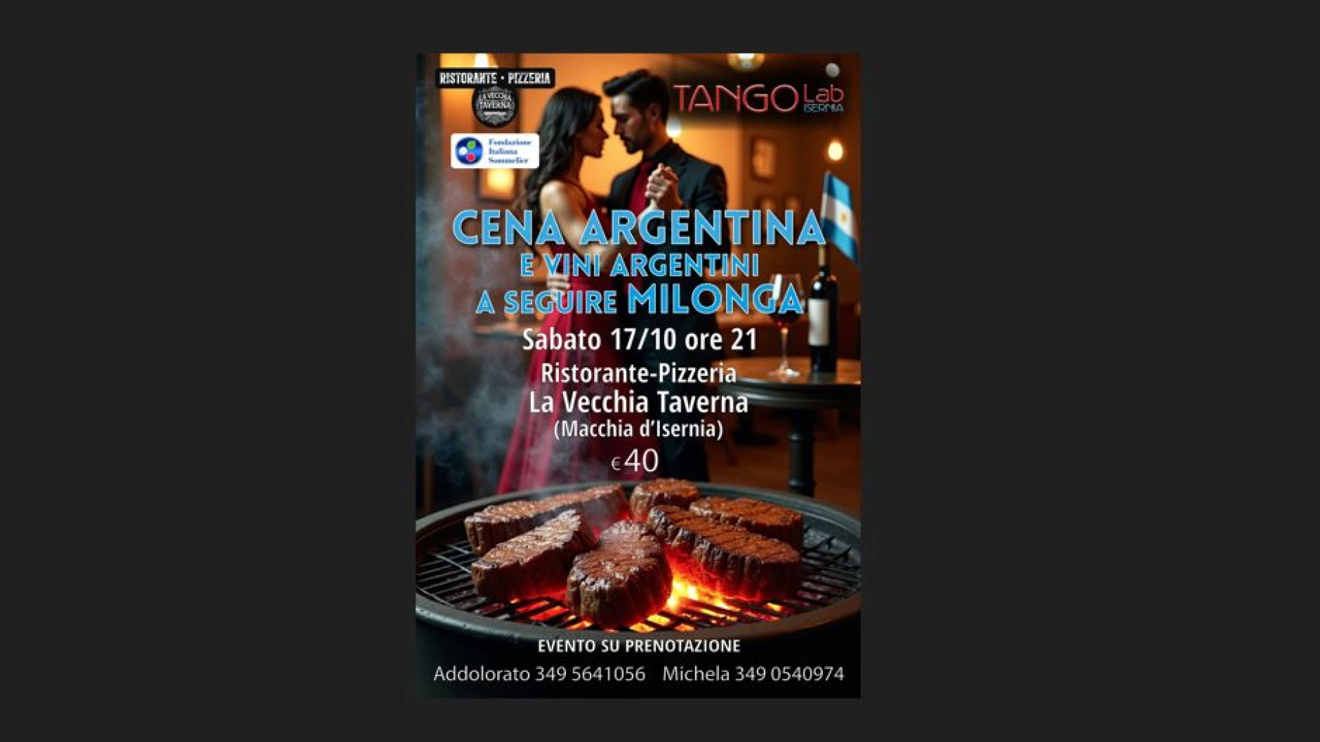 Macchia d’Isernia: cena e vini argentini nella serata promossa da TANGO LAB Isernia e Fondazione Italiana Sommelier.