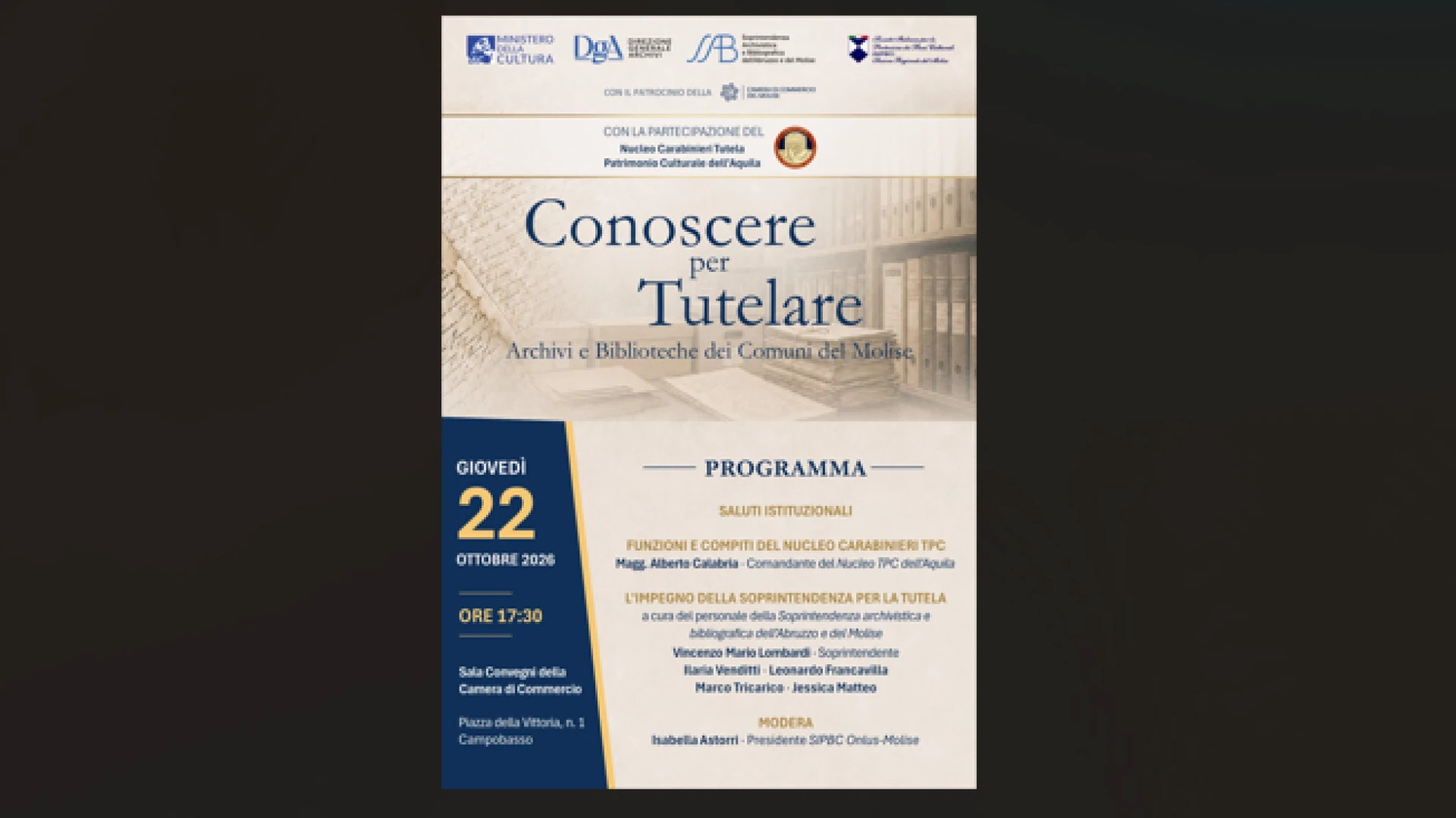 La Soprintendenza Archivistica e Bibliografica dell’Abruzzo e del Molise presenta Conoscere per tutelare. Archivi e biblioteche dei Comuni del Molise.