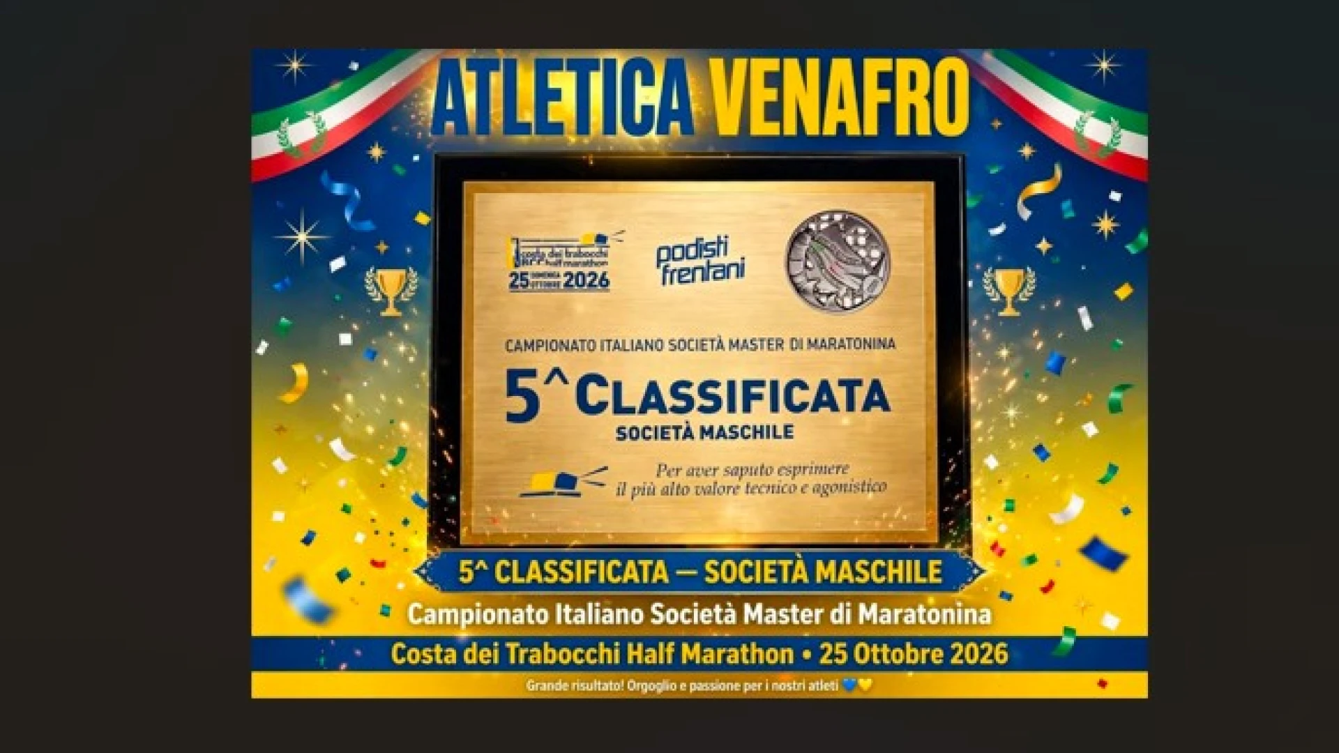 Atletica: campionato italiano master di mezza maratona-Ortona/Fossacesia. L’Atletica Venafro quinta classificata come squadra maschile.