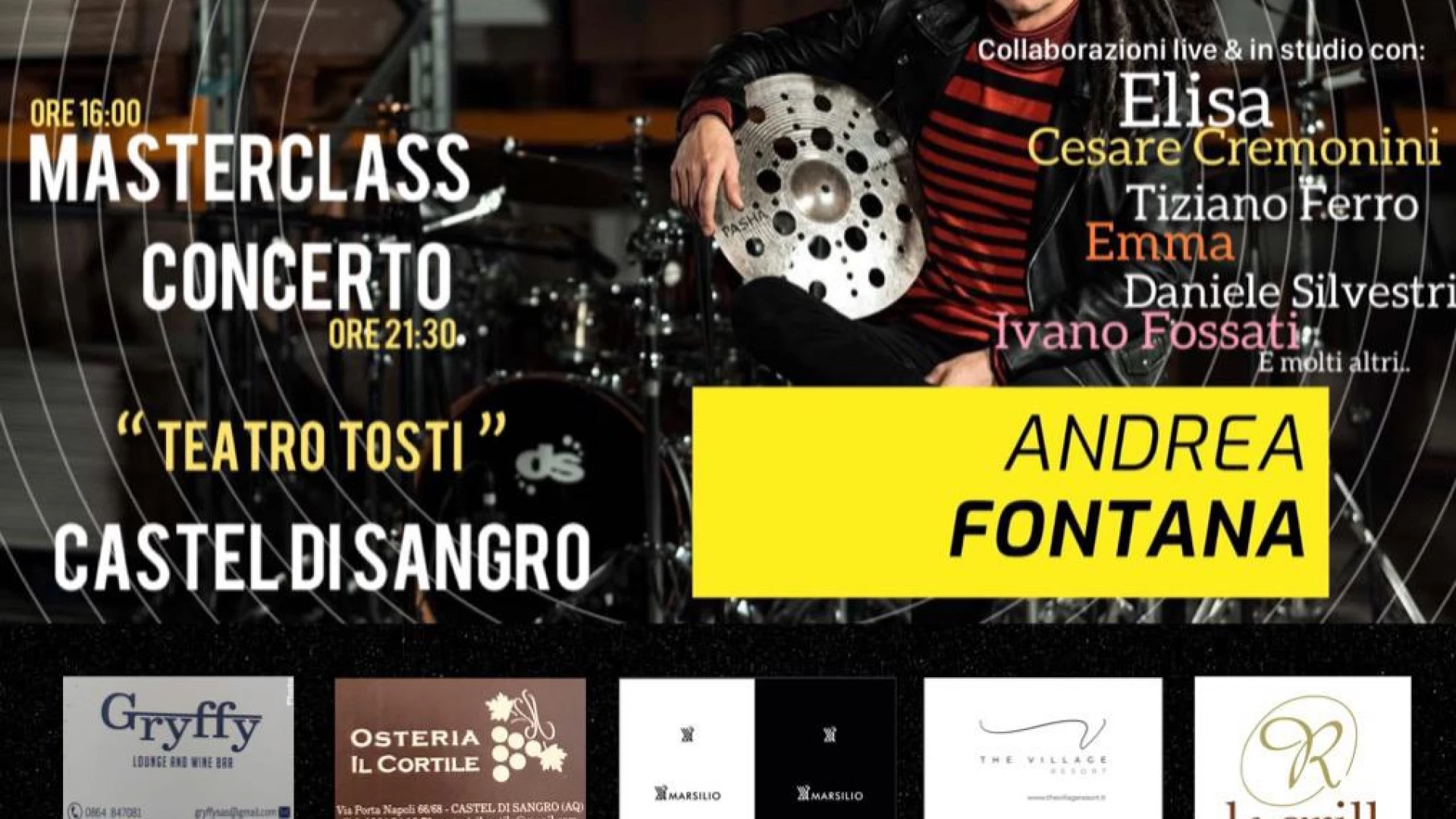 Castel Di Sangro: venerdì 11 marzo al Teatro Tosti il batterista Andrea Fontana per masterclass e concerto serale. Evento promosso da “Il Paese della Musica” e Comune.
