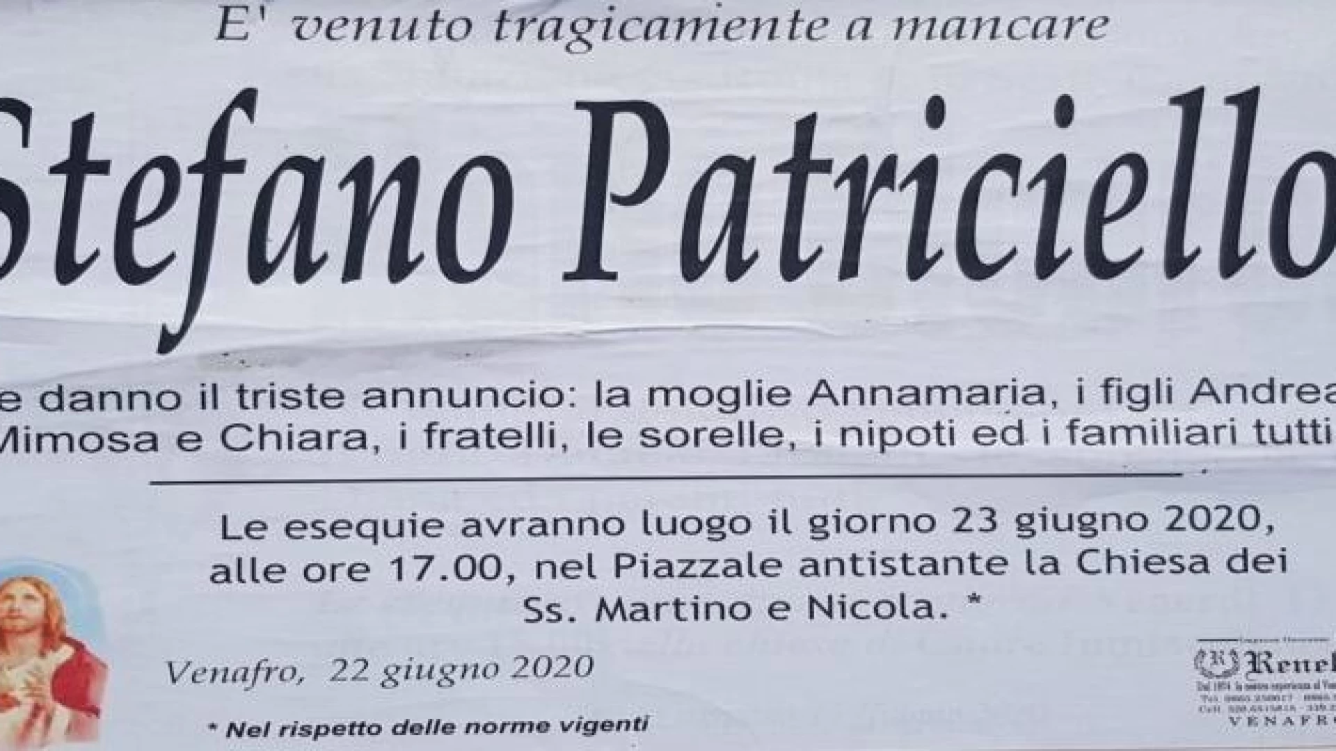 Venafro: nel pomeriggio alle 17 i funerali di Stefano Patriciello.