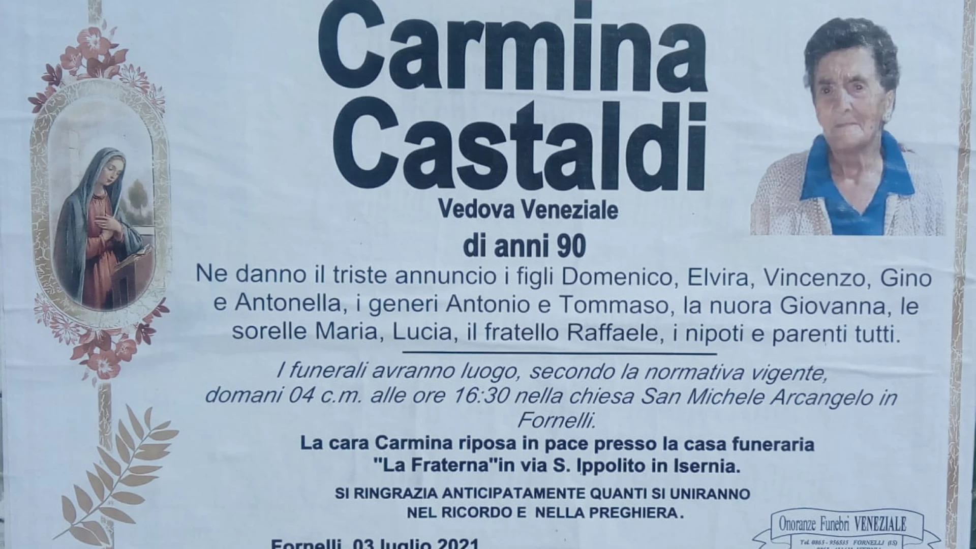 Fornelli: l'ultimo saluto a Carmina Castaldi. I funerali nel pomeriggio alle ore 16.30