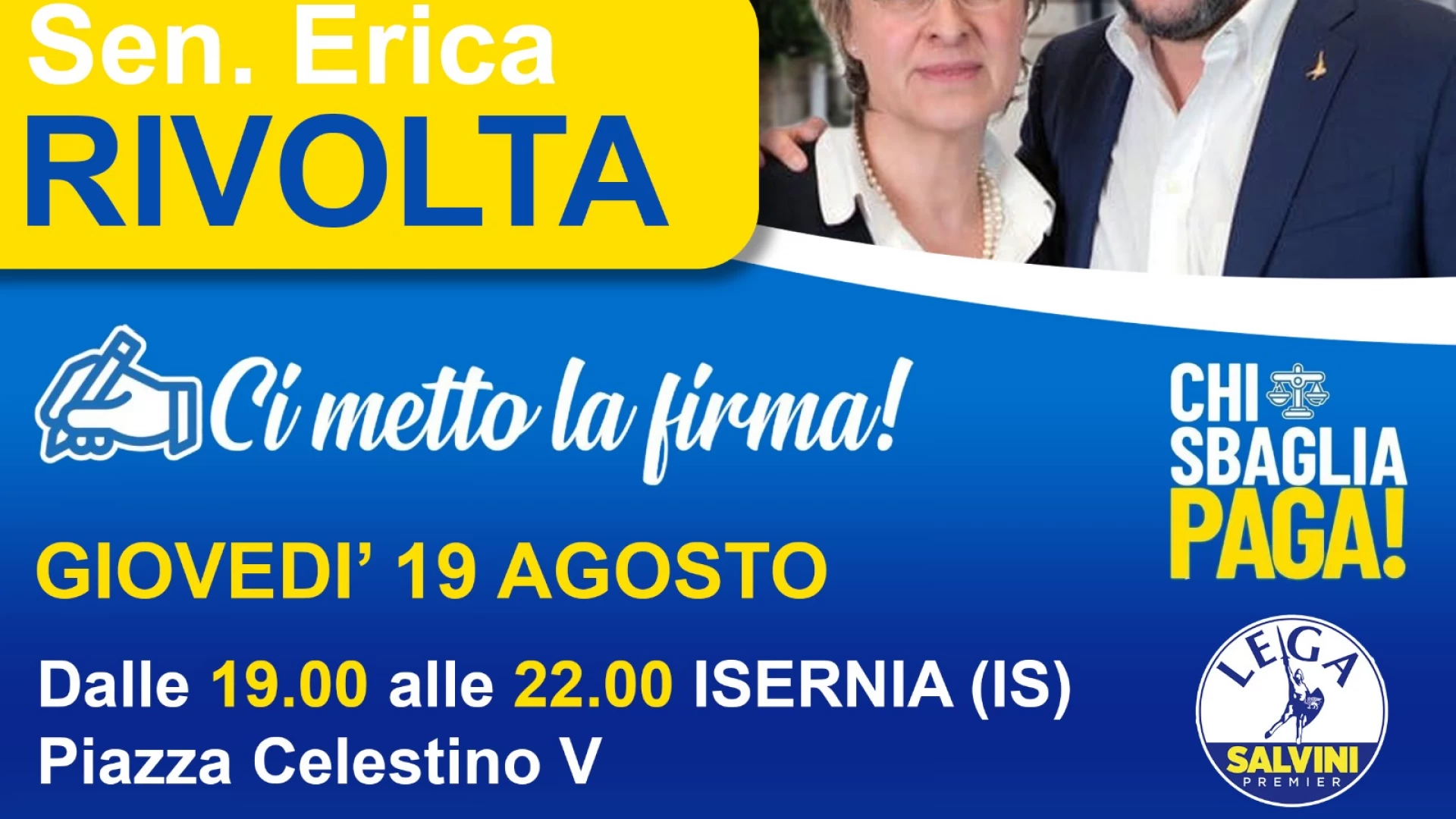 Isernia: questa sera alle 199 banchetto in Piazza Celestino V della Lega per la raccolta firme sul Referendum per la giustizia. Presente la senatrice Erica Rivolta.