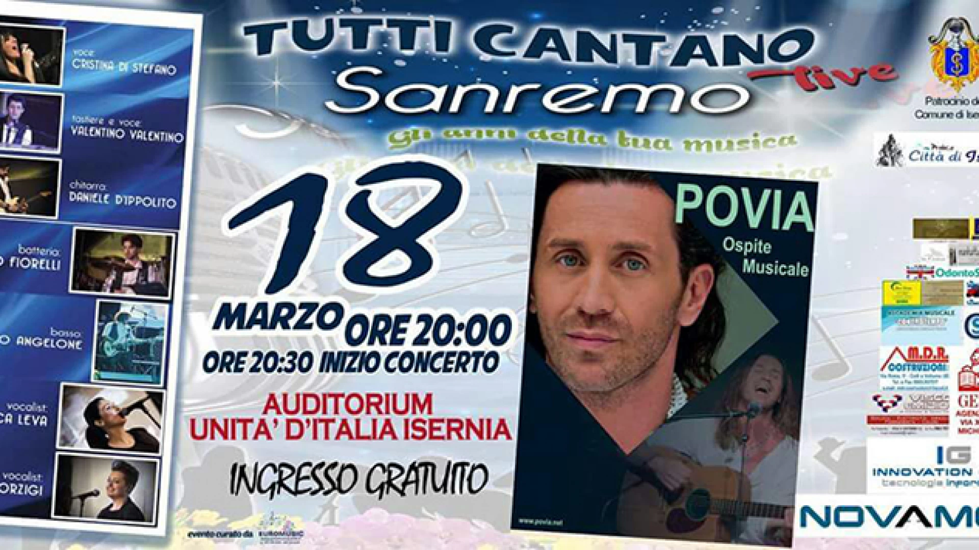 Isernia: Tutti Cantano Sanremo live, al via il tour del gruppo musicale molisano. Domenica 18 marzo all’Auditorium Unita’ d’Italia ospite il cantautore Povia.