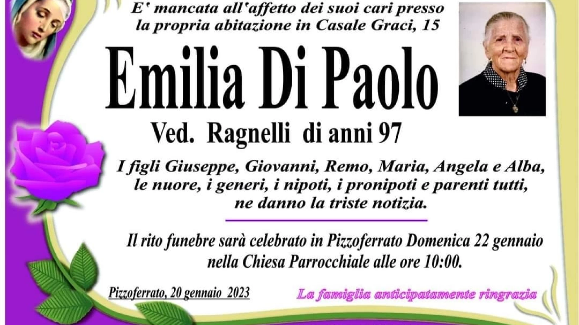 Pizzoferrato: il cordoglio della nostra redazione per la scomparsa della signora Emilia Di Paolo, vedova Ragnelli.