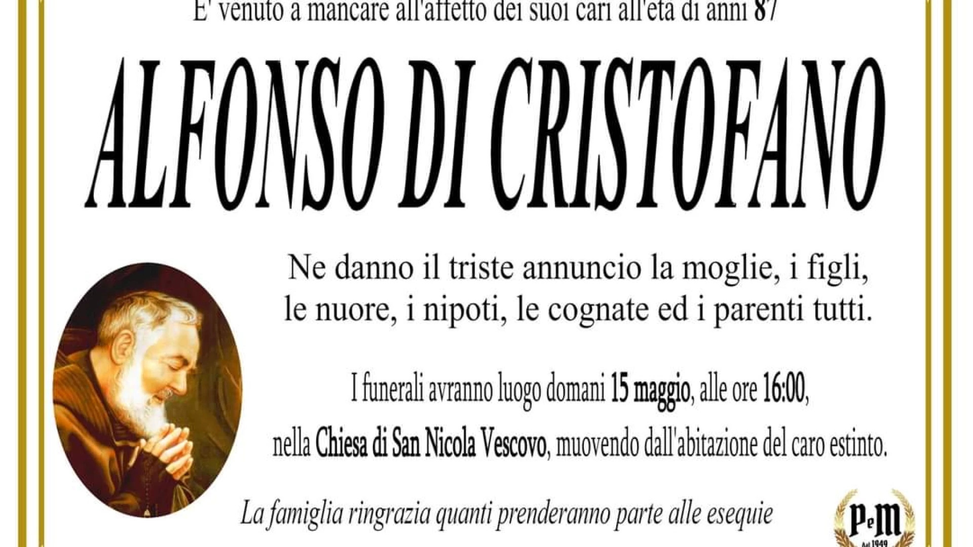 Cordoglio per la scomparsa di Alfonso Di Cristofano a Pizzone.