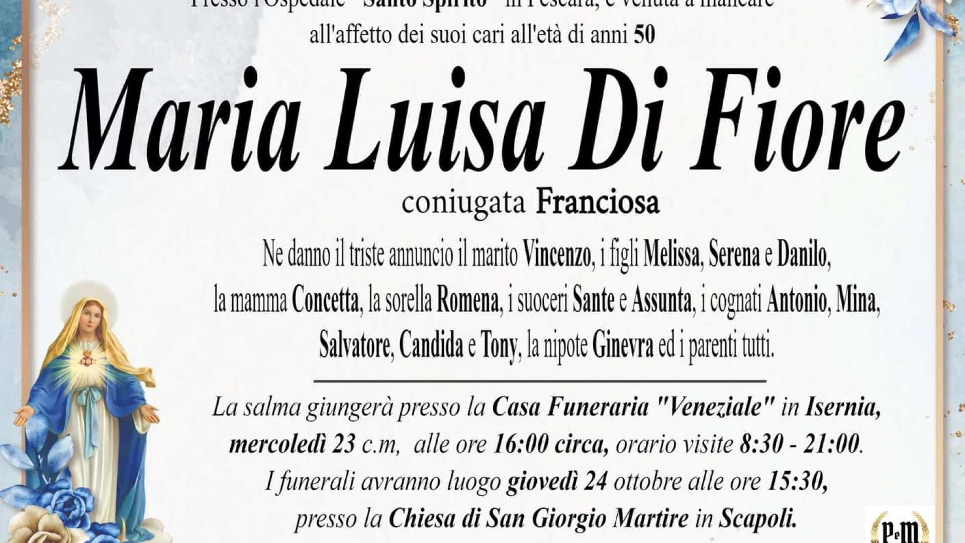 Giovedì a Scapoli i funerali di Maria Luisa Di Fiore. Comunità stretta intorno alla famiglia