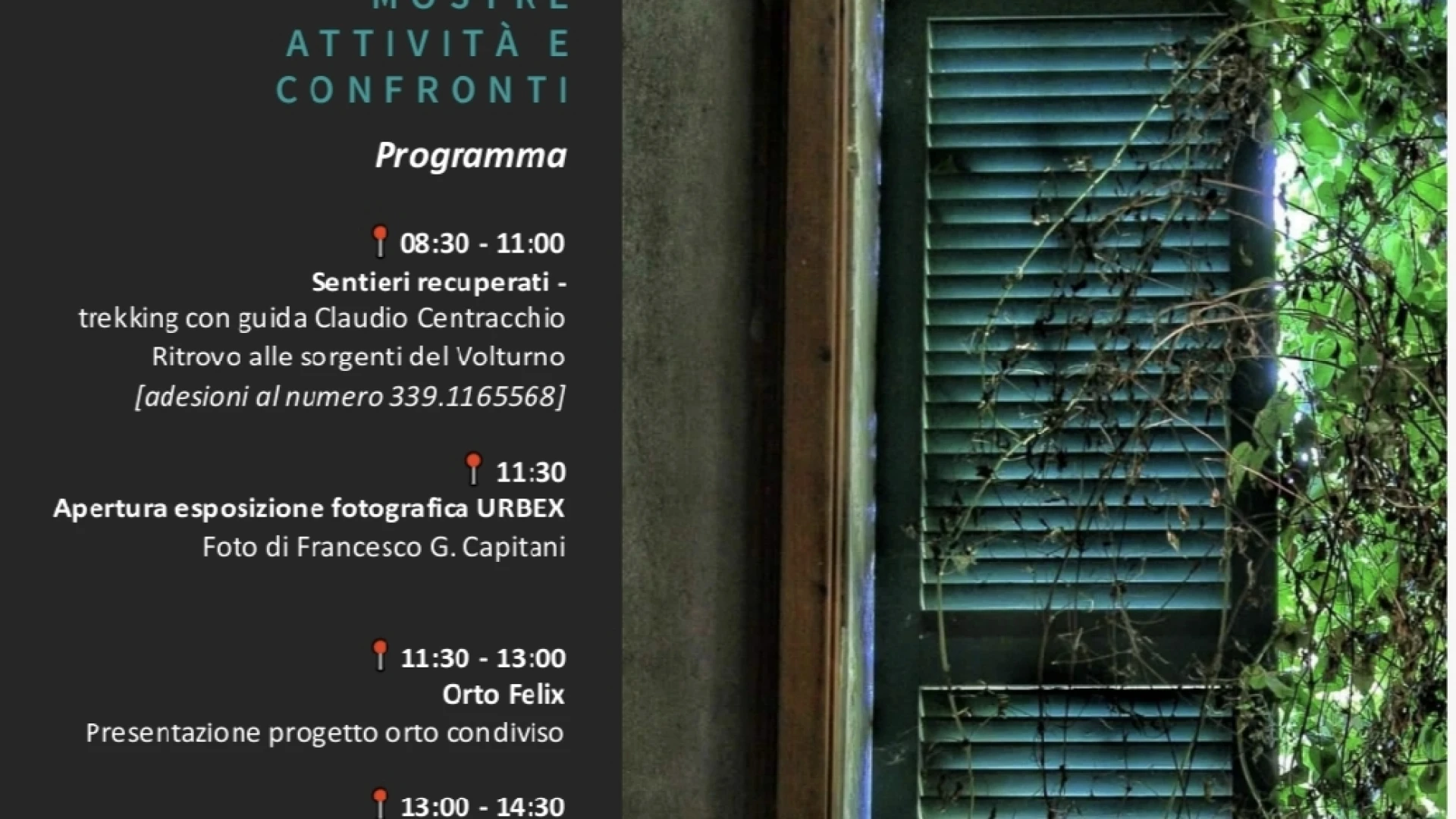 Rocchetta a Volturno: sabato 7 giugno l'evento denominato "Riflessi sull'abbandono". Evento organizzato dall'associazione MIA.