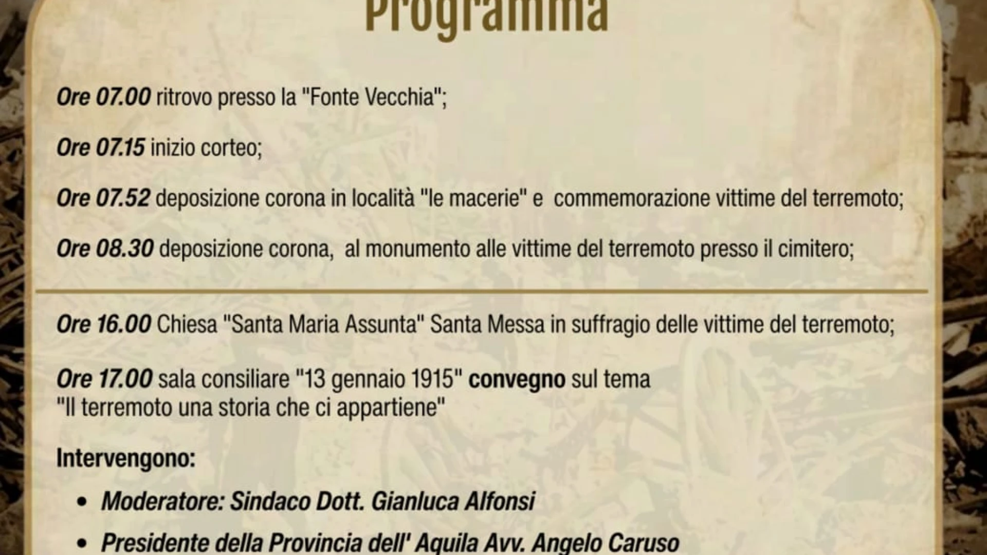 “Gioia dei Marsi non dimentica”: il 13 gennaio la comunità ricorda le vittime del terremoto del 1915
