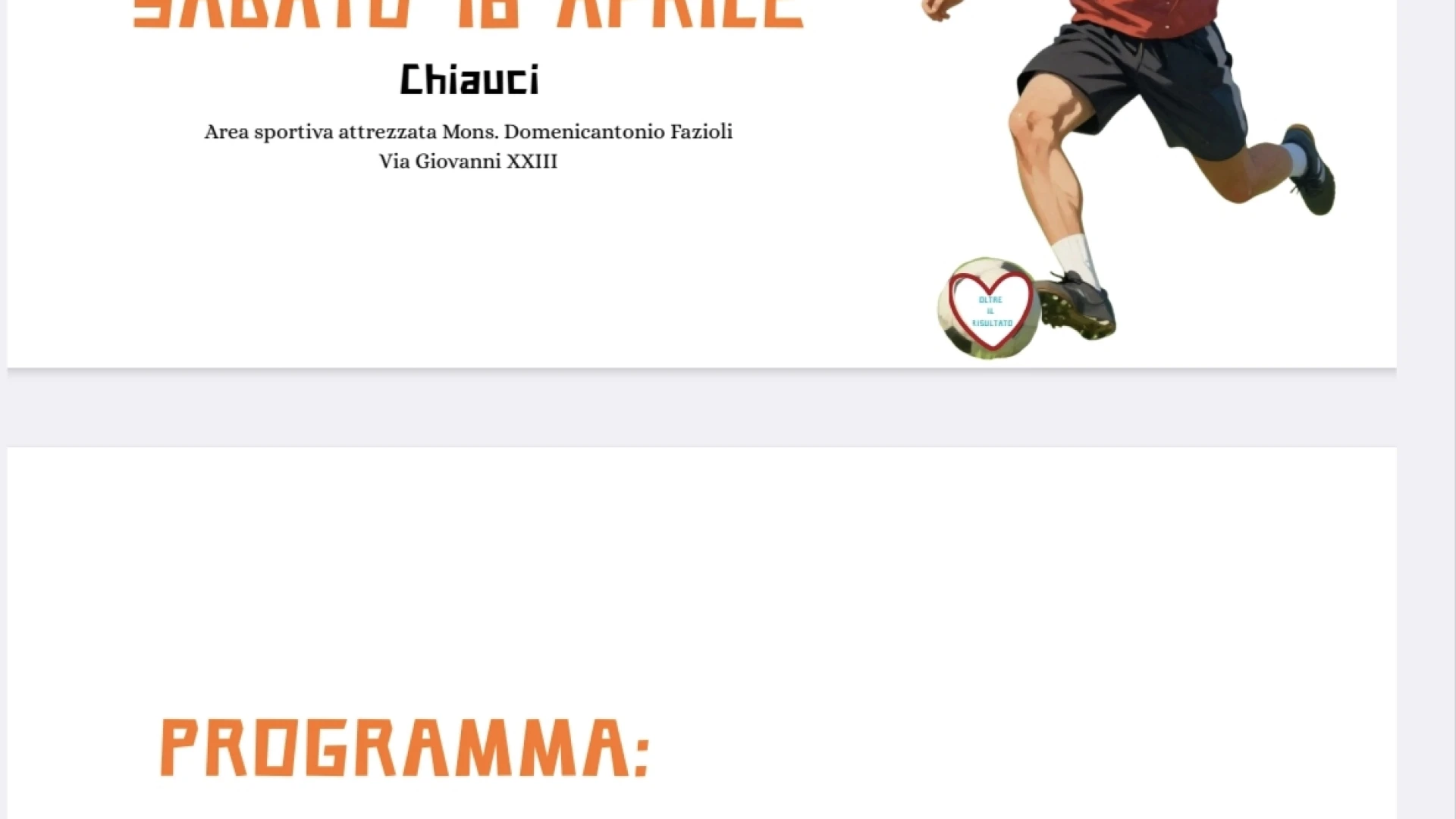 “Oltre il risultato” – Il calcio come incontro, inclusione e comunità. Evento sportivo e sociale in programma a Chiauci.