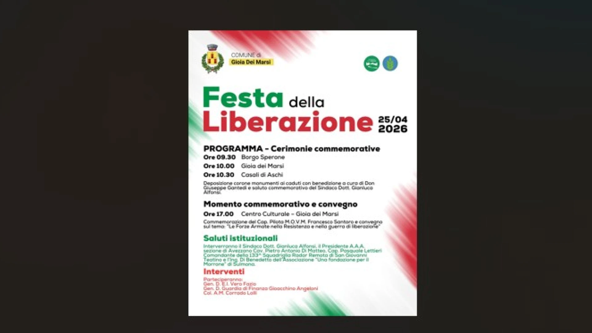 Gioia dei Marsi, 25 aprile: cerimonie e convegno per la festa della Liberazione.