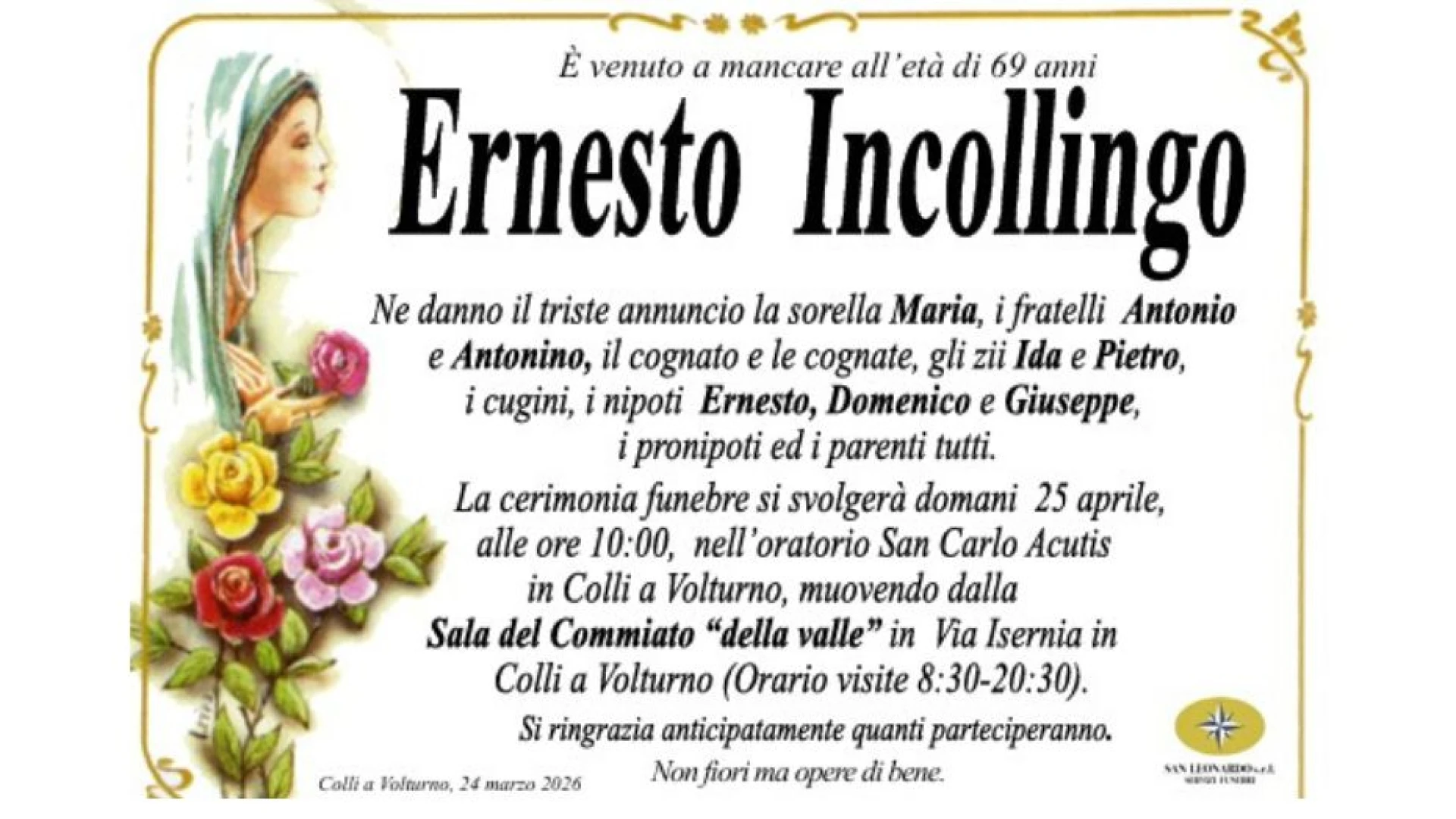 Colli a Volturno: lutto per la famiglia Incollingo. E' venuto a mancare il caro Ernesto.