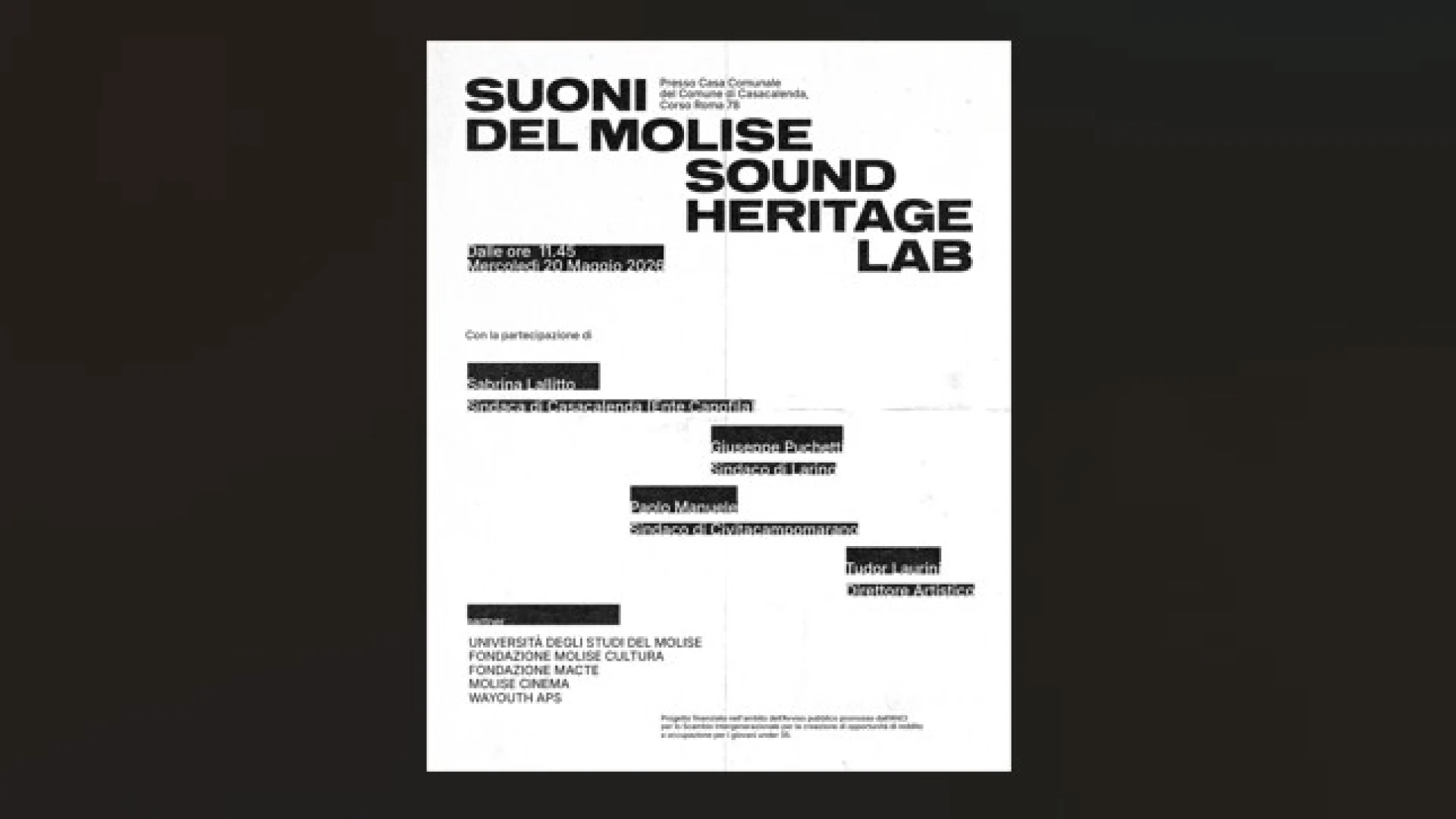 Casacalenda: mercoledì 20 maggio la presentazione del progetto Suoni del Molise-Sound Heritage.