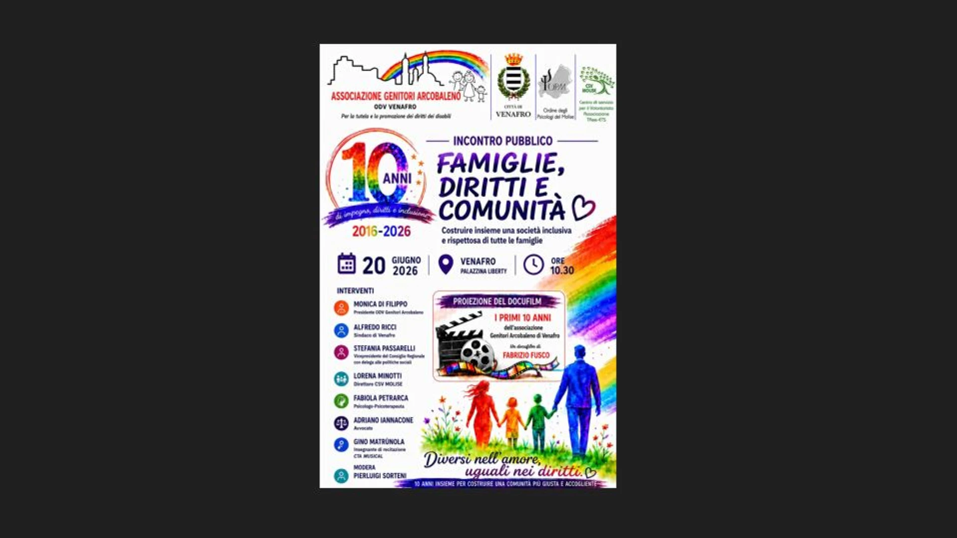 Famiglie, Diritti e Comunità: a Venafro i 10 anni dell’Associazione Genitori Arcobaleno