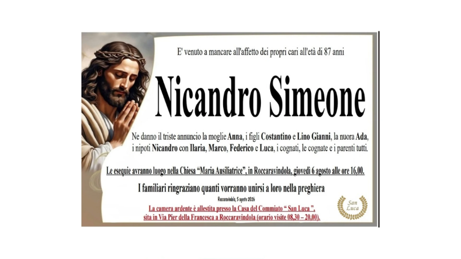 Lutto per la famiglia Simeone, cordoglio per la scomparsa di Nicandro.