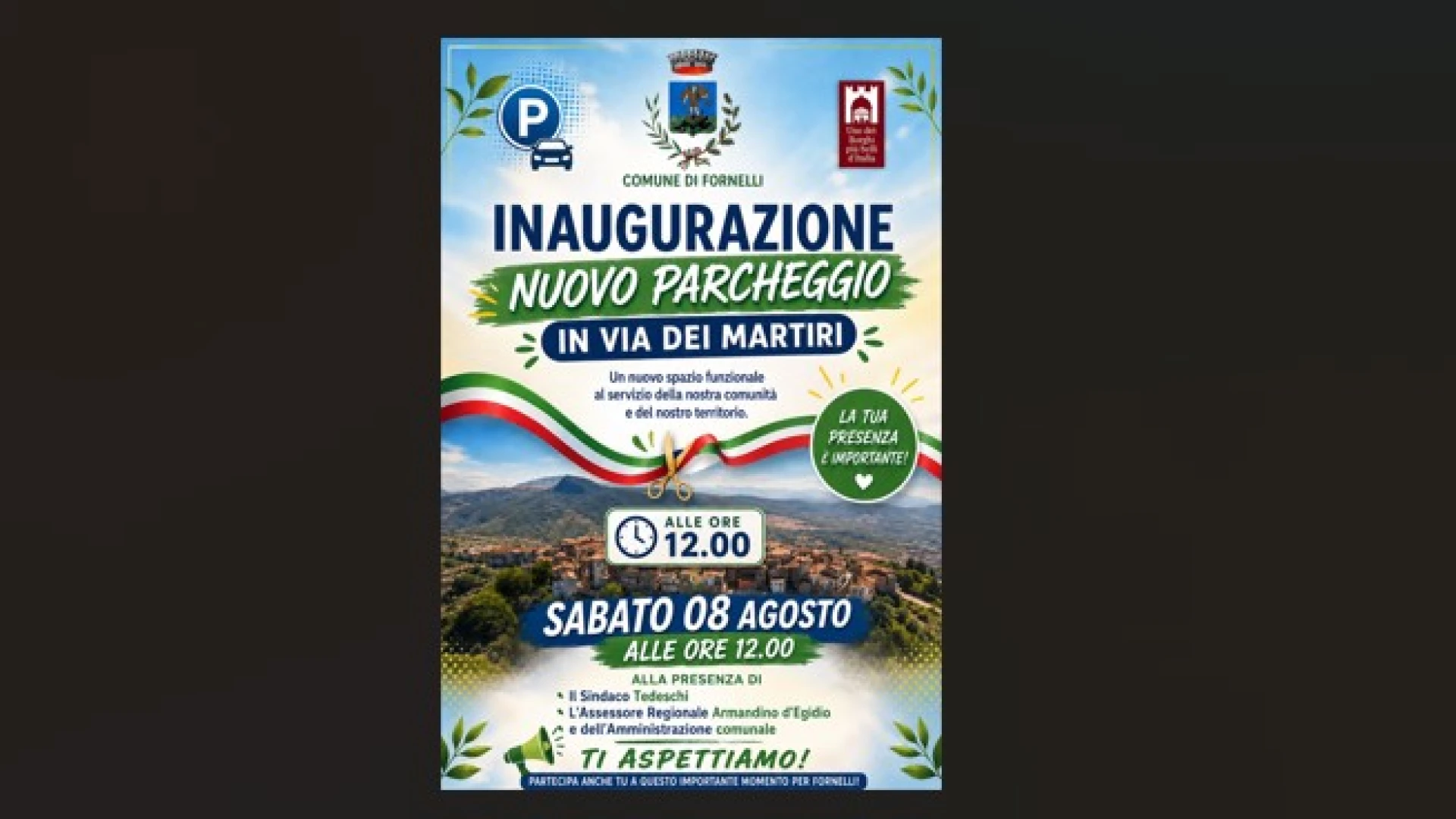 Fornelli: sabato 8 agosto verranno inaugurati i nuovi parcheggi di via Dei Martiri e della strada di collegamento a Piazza Umberto I.