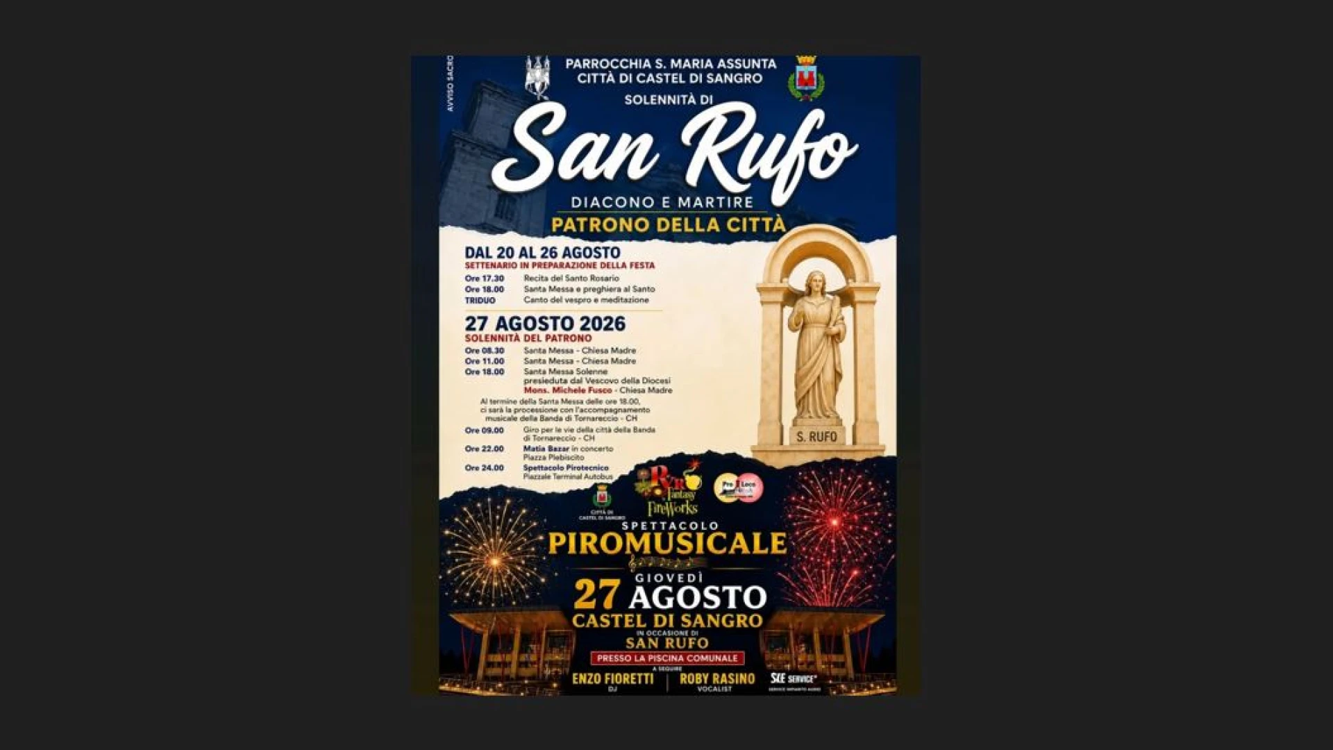 Castel Di Sangro: venerdì 27 agosto i solenni festeggiamenti dedicati al patrono San Rufo. (foto)