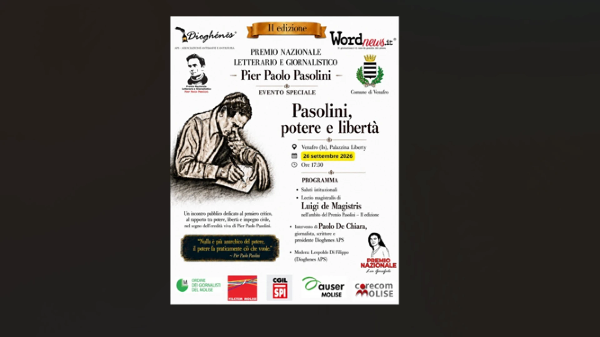Premio Pasolini, il 26 settembre a Venafro l’evento speciale “Pasolini, potere e libertà”