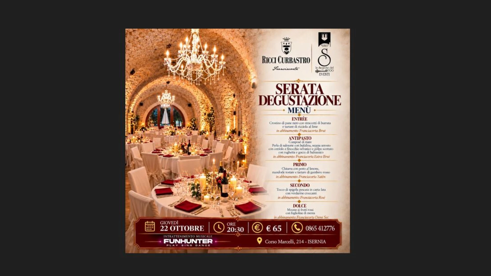 Isernia: all'Osteria O' Pizzaiuolo serata degustazione dedicata ai Franciacorta Ricci Cubastro.