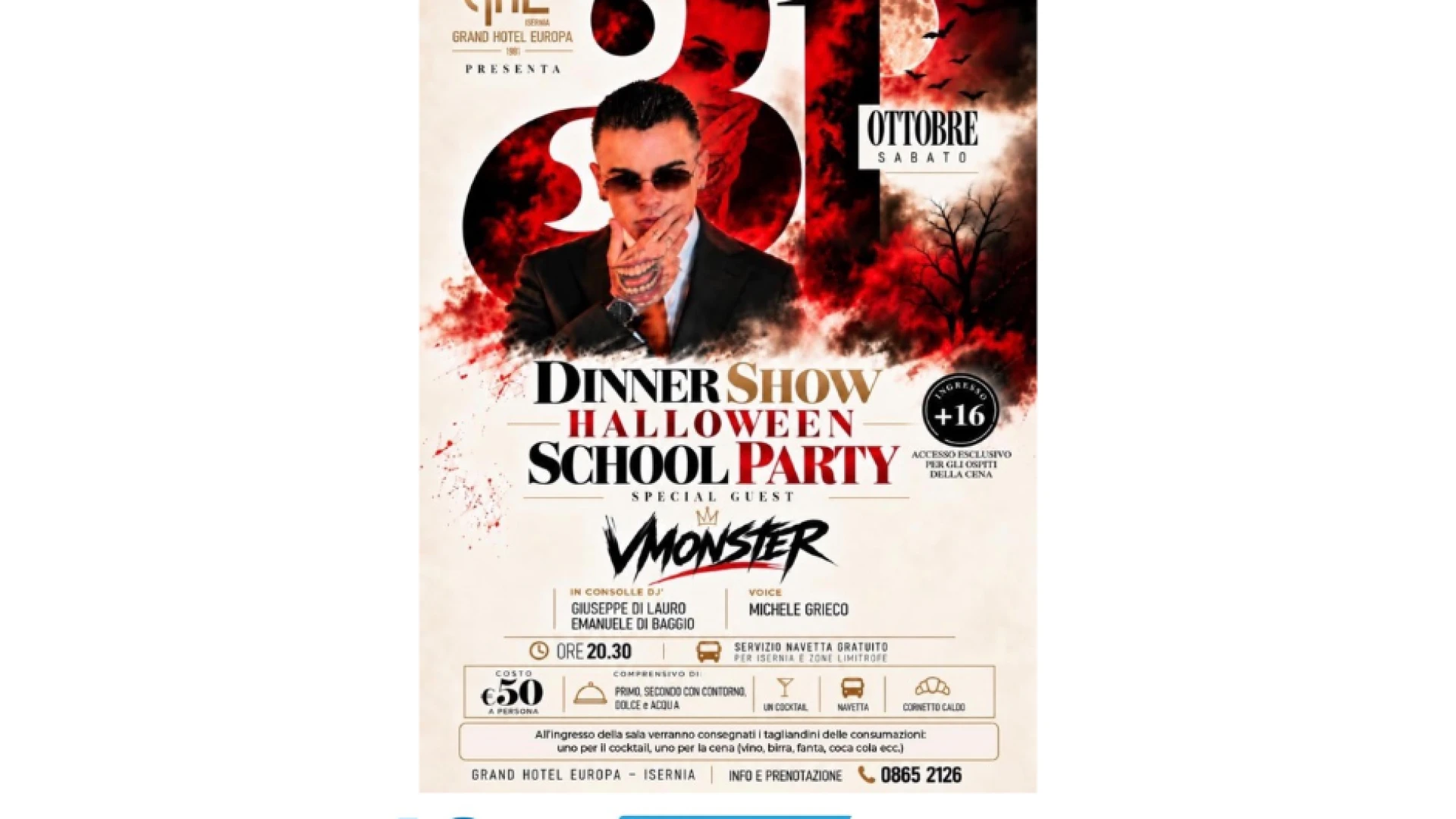 Isernia: al Grand Hotel Europa il Dinner Show Halloween School Party
