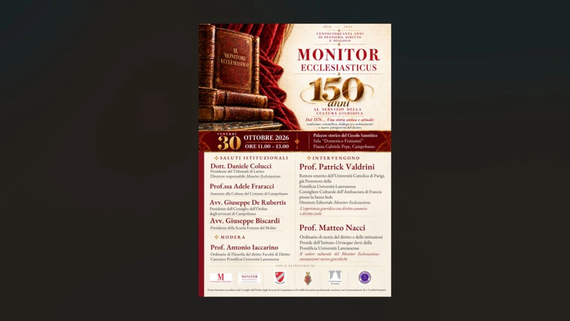 Monitor Ecclesiasticus: 150 anni di storia e cultura giuridica. A Campobasso tavola rotonda e annuncio di borse di studio e premi per le nuove generazioni di studiosi.